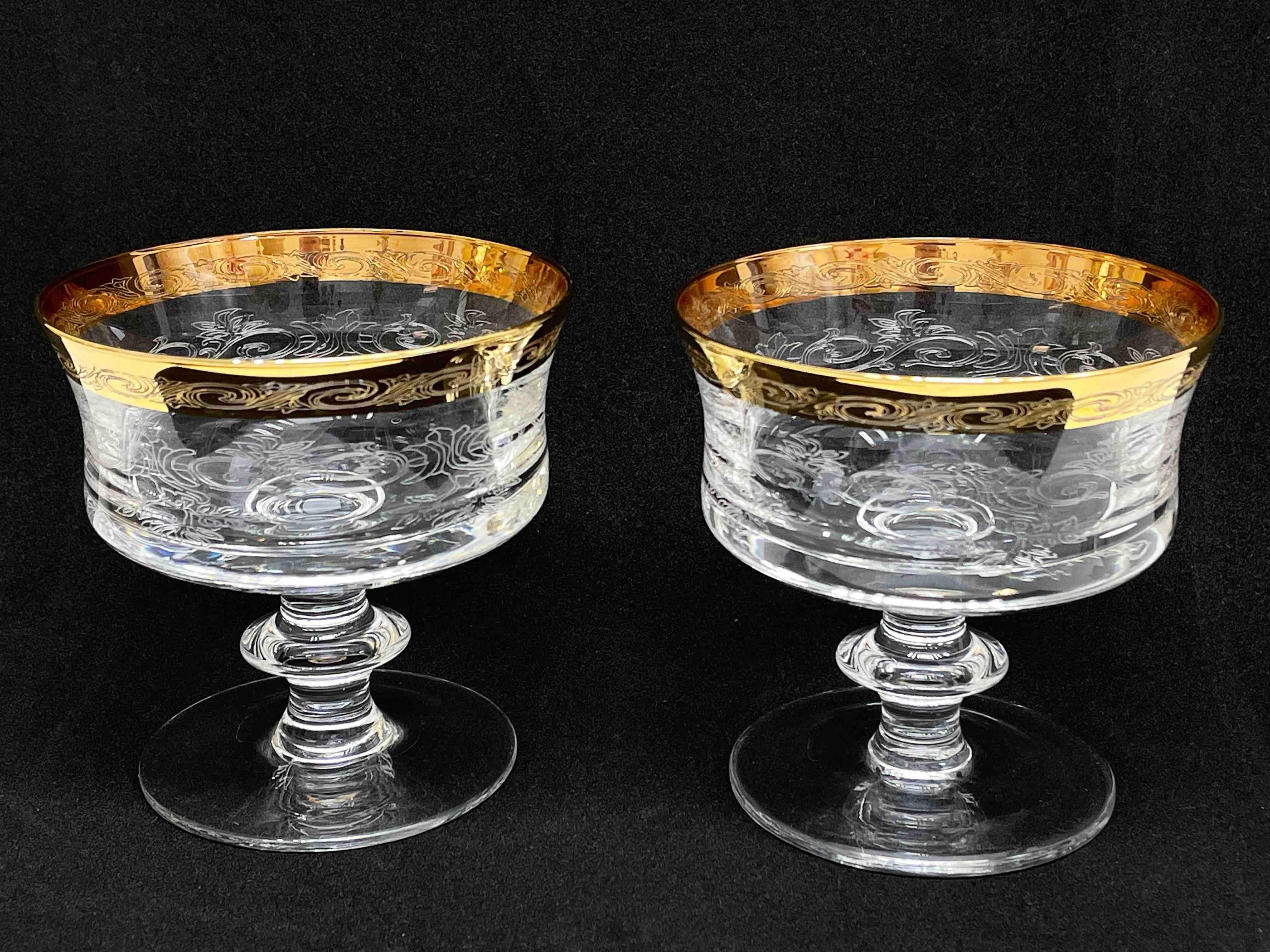Set of Six Glass Champagne Goblets with 24k Gold Rim, Moser Glass Carlsbad 1