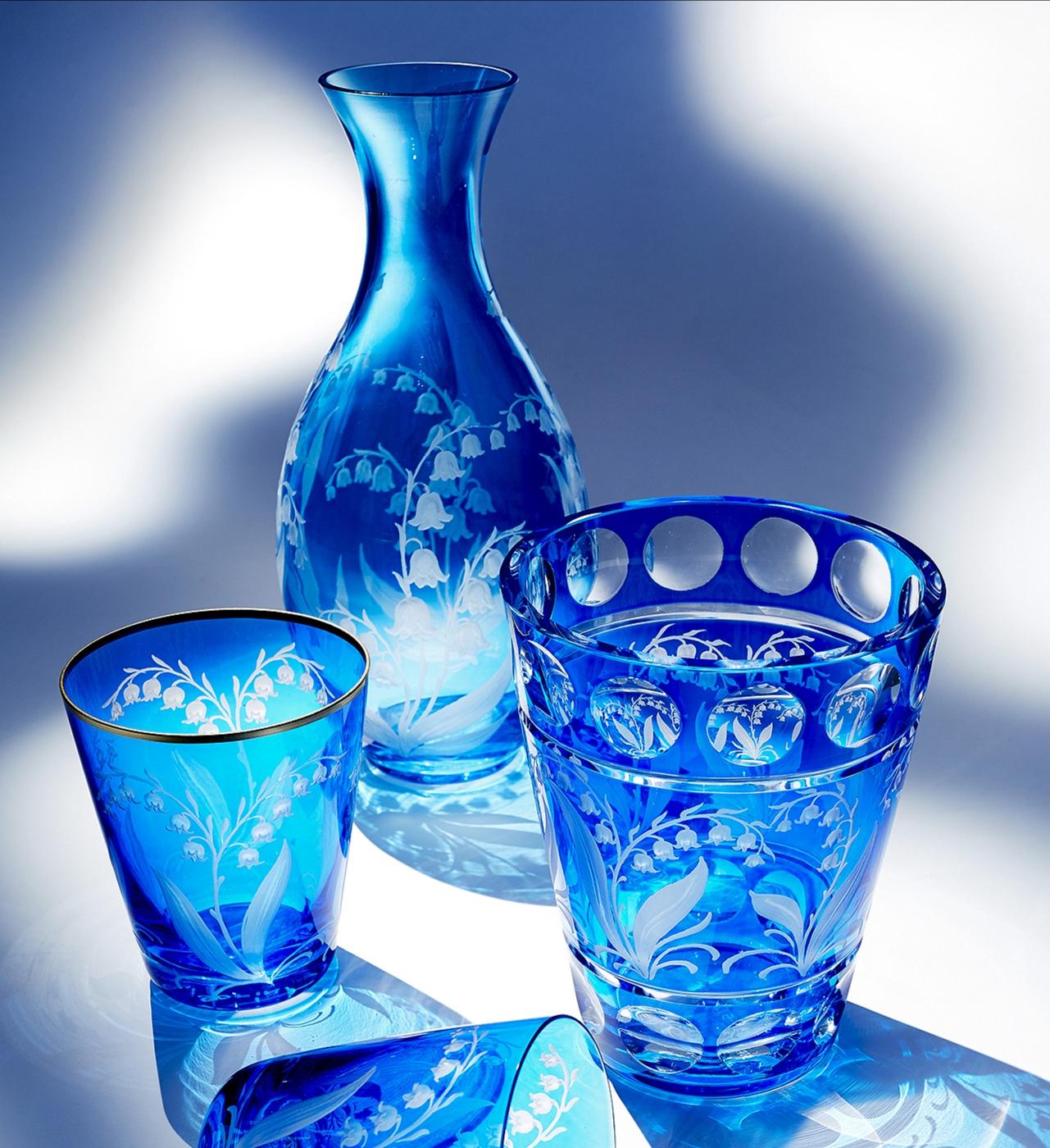 Hand-Crafted Set of Six Glass Country Style Tumbler Blue Crystal Sofina Boutique Kitzbuehel For Sale