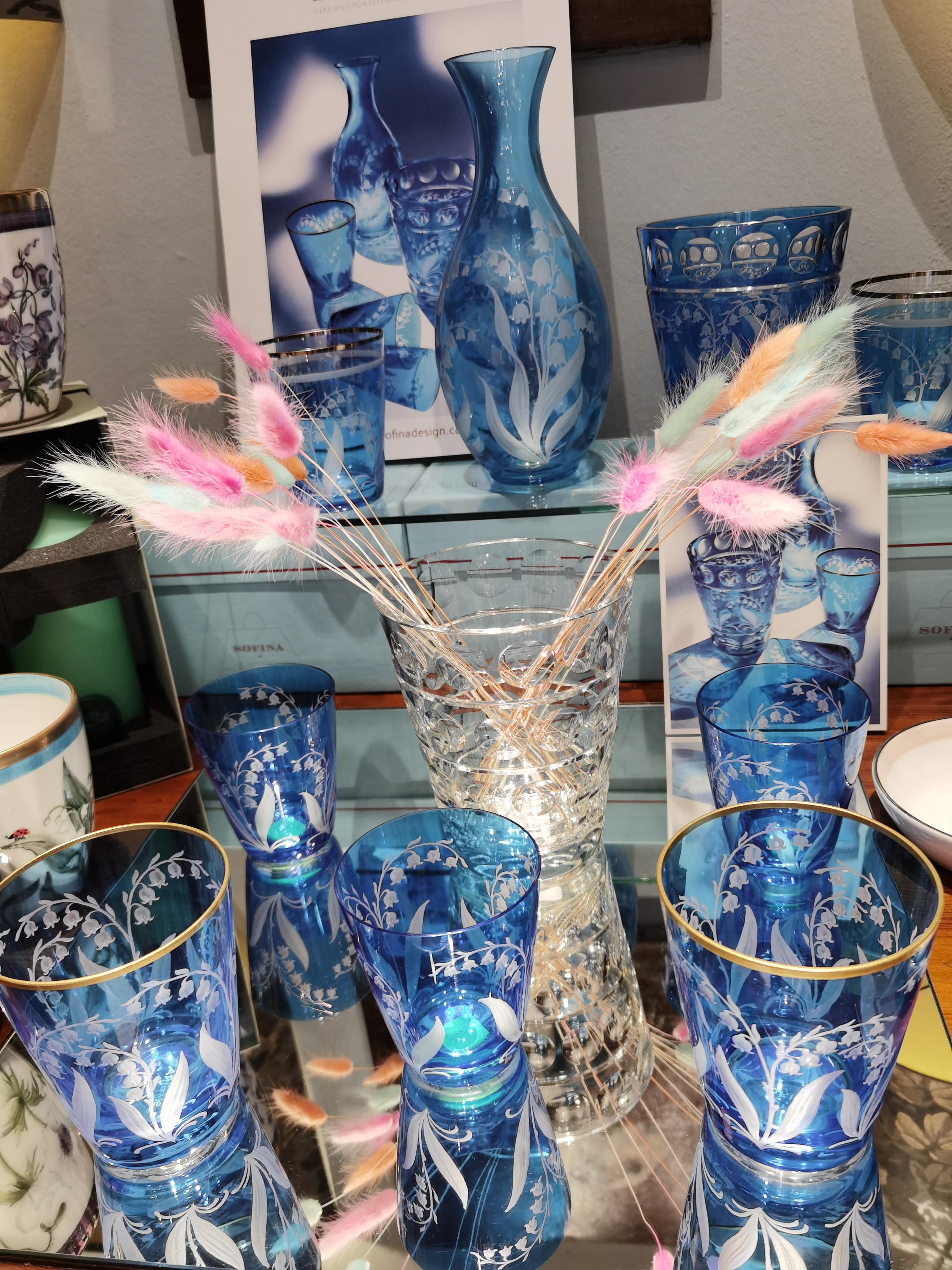 Contemporary Set of Six Glass Country Style Tumbler Blue Crystal Sofina Boutique Kitzbuehel For Sale