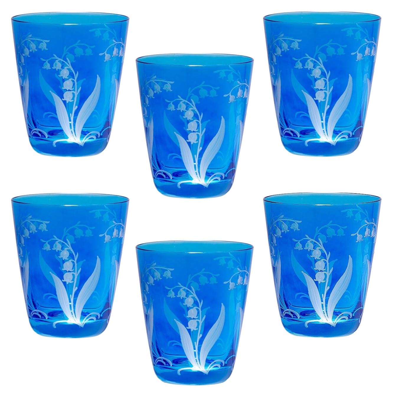 Ensemble de six gobelets en verre de style rustique en cristal bleu Sofina Boutique Kitzbuehel