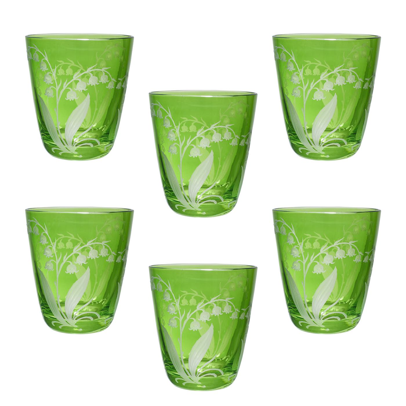 Set of 6 hand blown tumblers in green crystal with a country style lily of the valley decor all around. A matching carafe can be ordered in addition. Can be ordered in different colors like blue, pink and green. Not recommend for dishwasher