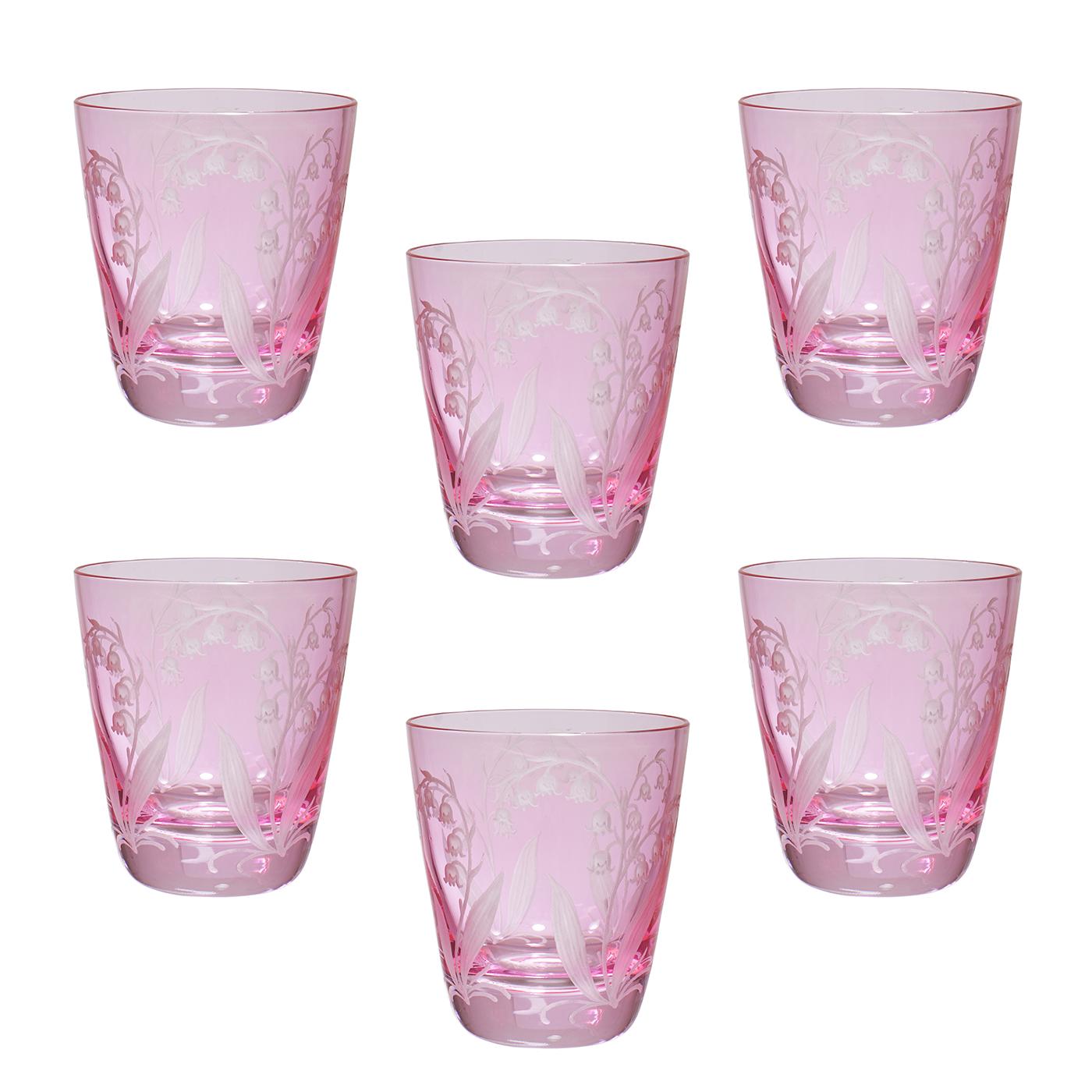 Set of 6 hand blown tumblers in pink crystal with a country style lily of the valley decor all around. A matching carafe can be ordered in addition. Can be ordered in different colors like blue, pink and green. Not recommend for dishwasher