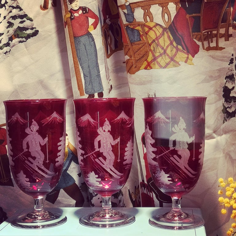 Country Set of Six Crystal Glasses Red Skier Decor Sofina Boutique Kitzbuehel For Sale 3