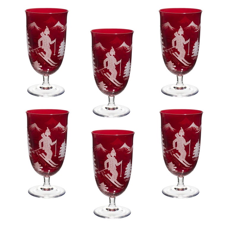 Country Set of Six Crystal Glasses Red Skier Decor Sofina Boutique Kitzbuehel For Sale 5