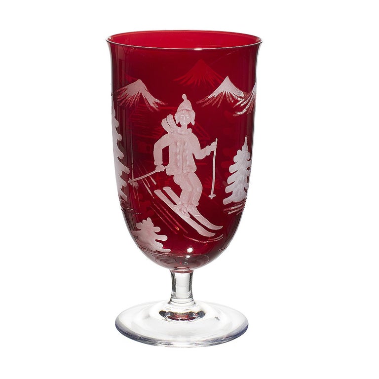 Country Set of Six Crystal Glasses Red Skier Decor Sofina Boutique Kitzbuehel For Sale 6