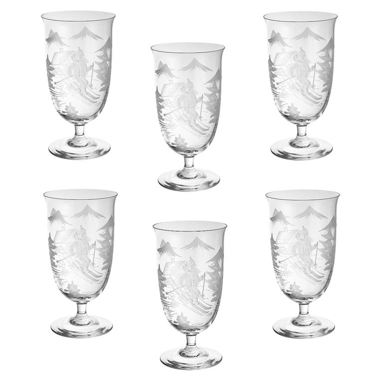 Country Set of Six Crystal Glasses Red Skier Decor Sofina Boutique Kitzbuehel For Sale 8