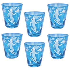 Set of Six Glass Tumbler Handblown Blue Skier Decor Sofina Boutique Kitzbuehel