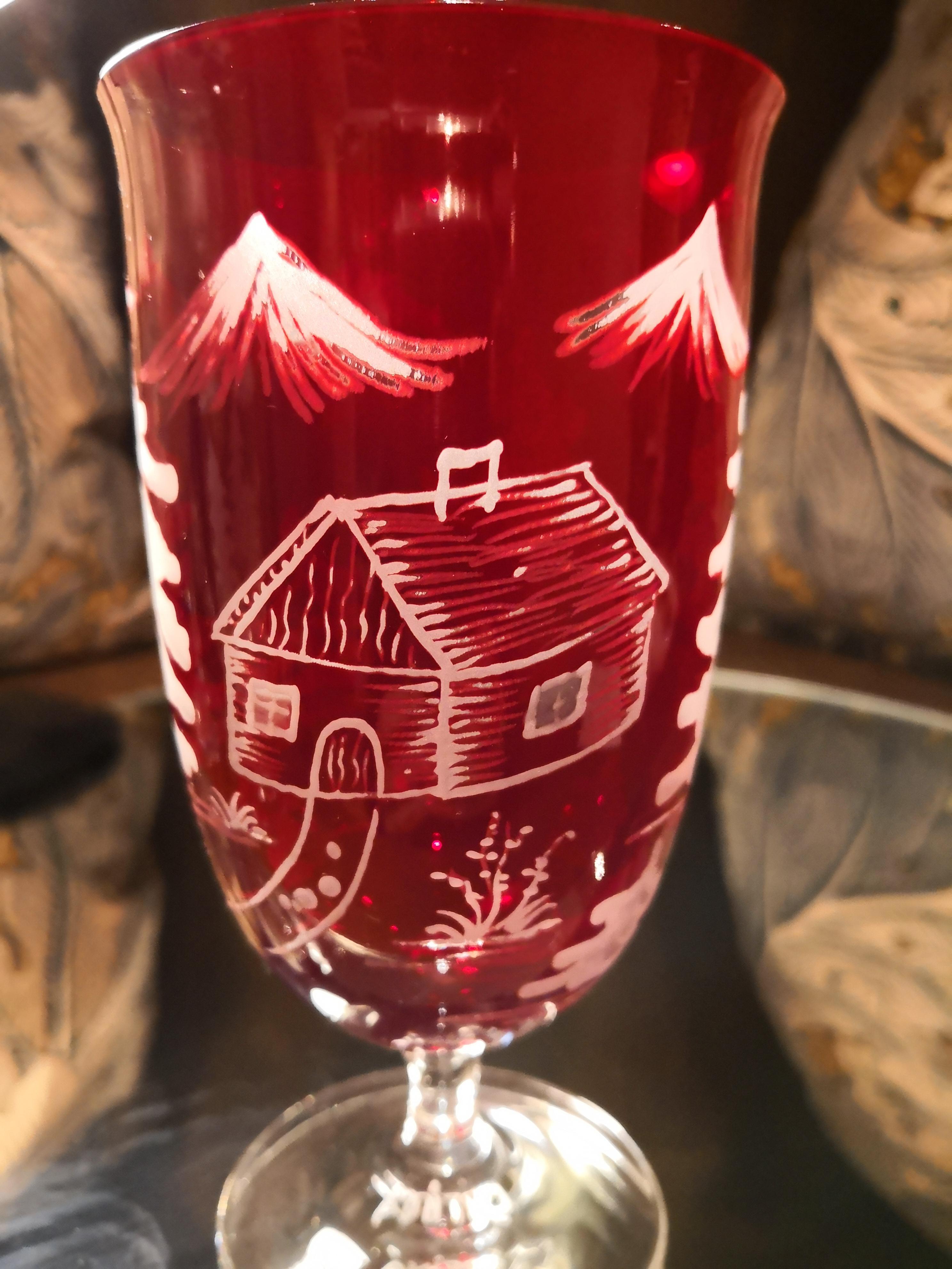 Hand-Crafted Country Style Set of Six Wine Glasses Red Skier Decor Sofina Boutique Kitzbuehel For Sale