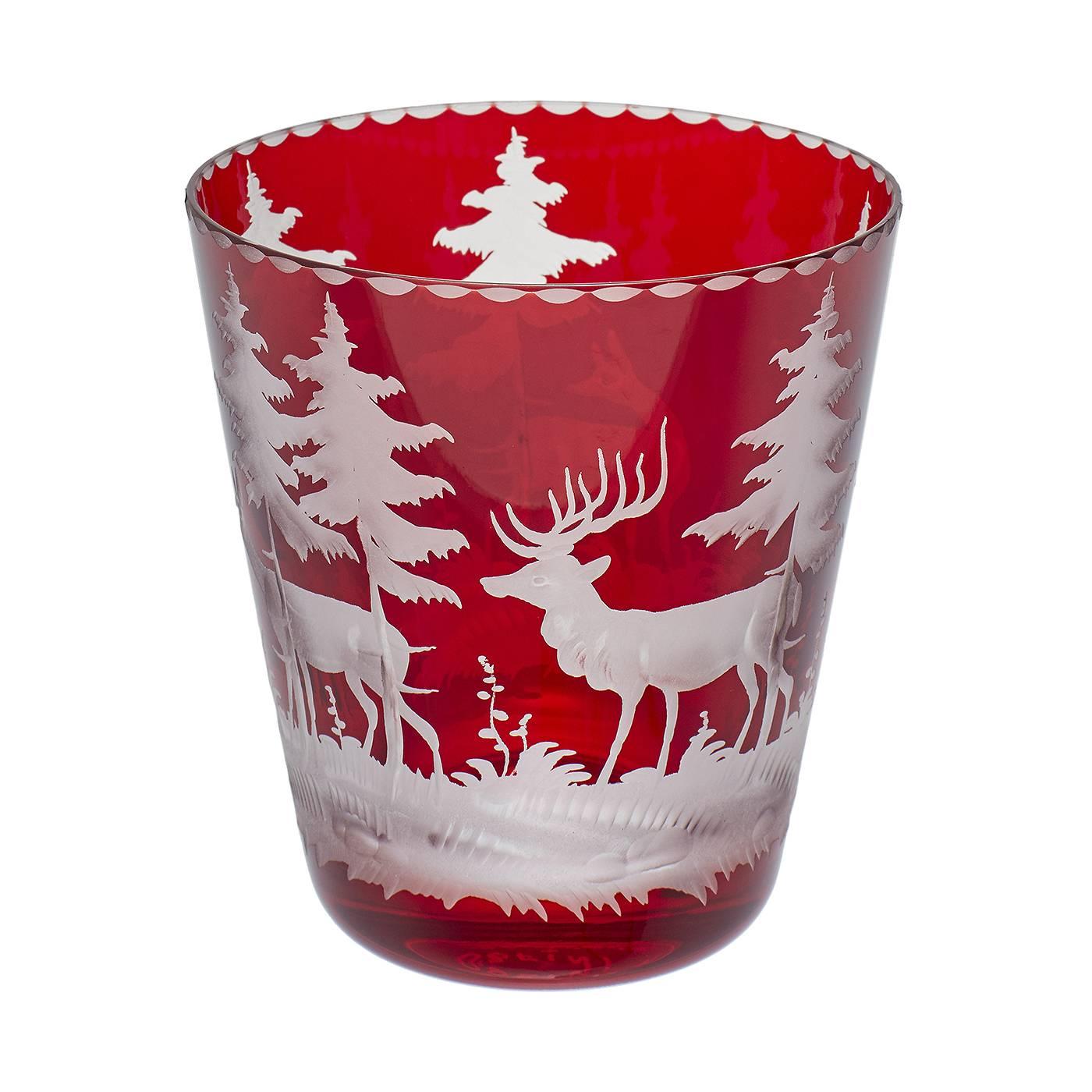 Set of six handblown red crystal tumblers with hand-edged hunting scene. The decor is an antique black forest hunting scene decor with deers, trees and bambis all around. Completely handblown and hand-engraved in Bavaria Germany. The glass shown