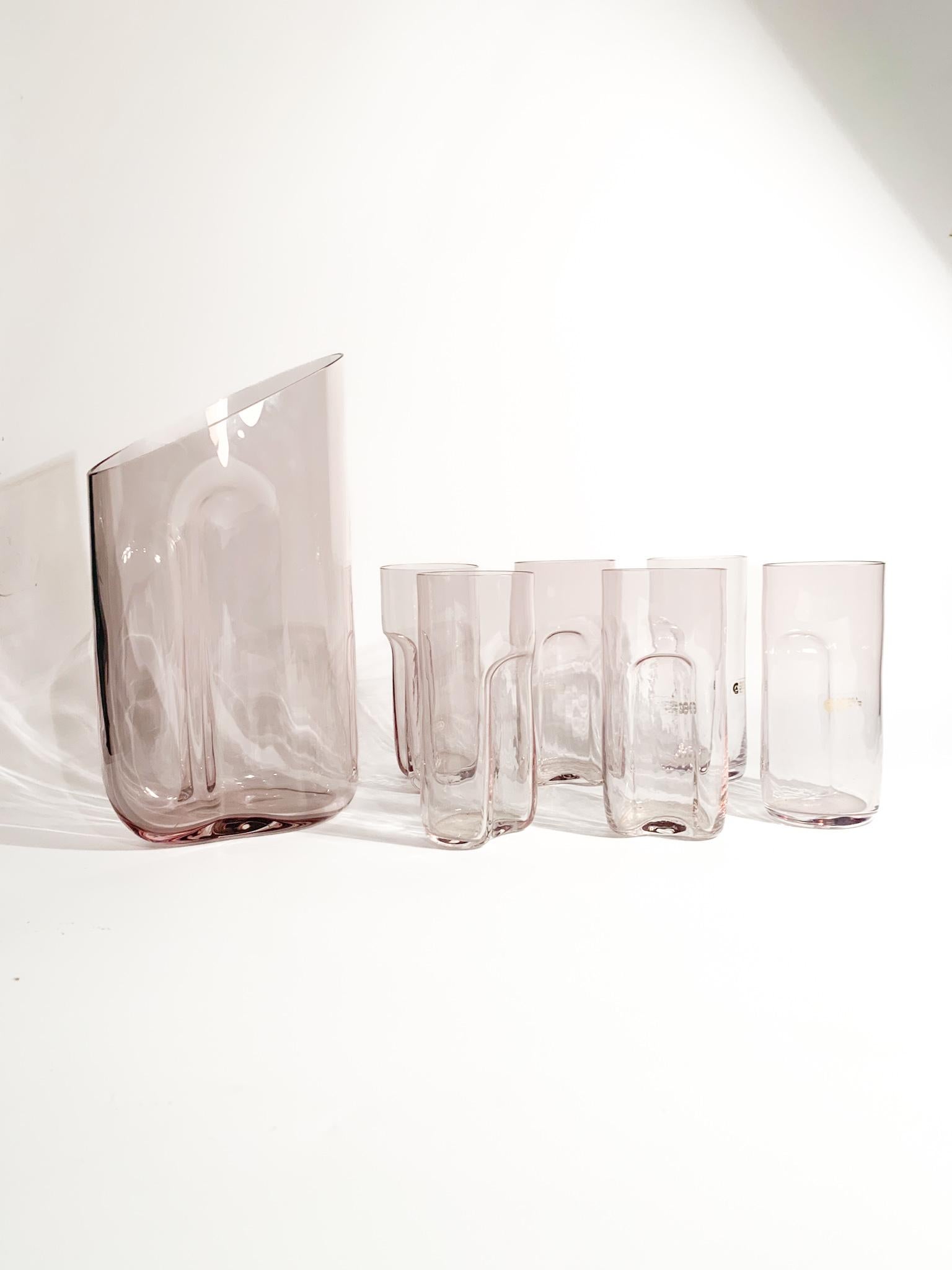 Set of Six Glasses and Carafe in Murano Glass by Cenedese and Albarelli 1970s For Sale 8