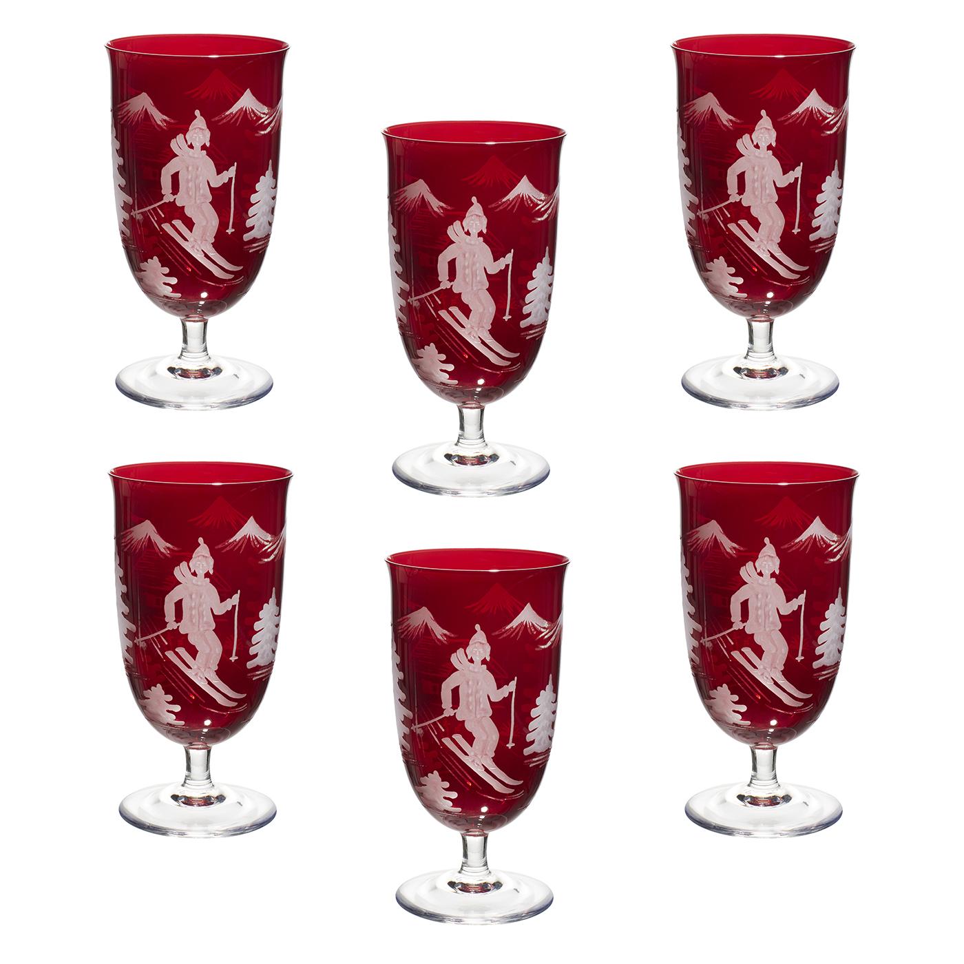 Hand-Crafted Set of Six Glasses Hand Blown Clear Skier Decor, Sofina Boutique Kitzbuehel For Sale