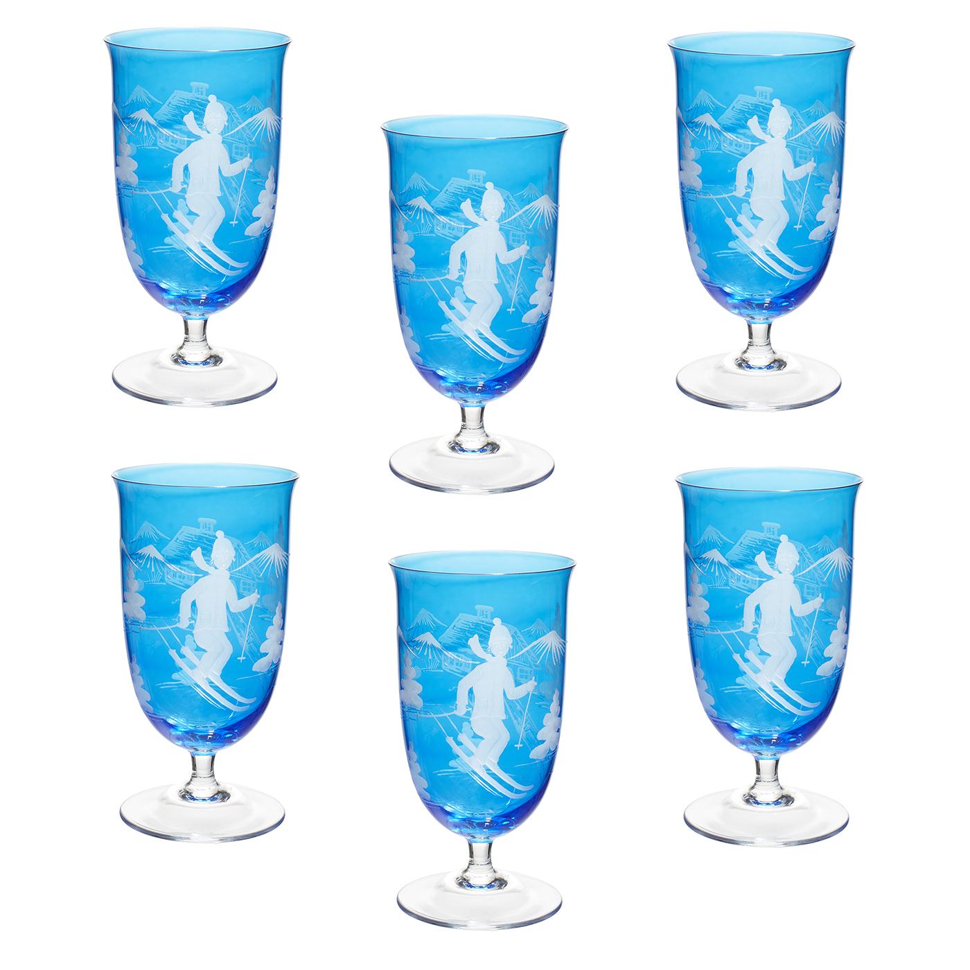 Set of Six Glasses Hand Blown Clear Skier Decor, Sofina Boutique Kitzbuehel In New Condition For Sale In Kitzbuhel, AT