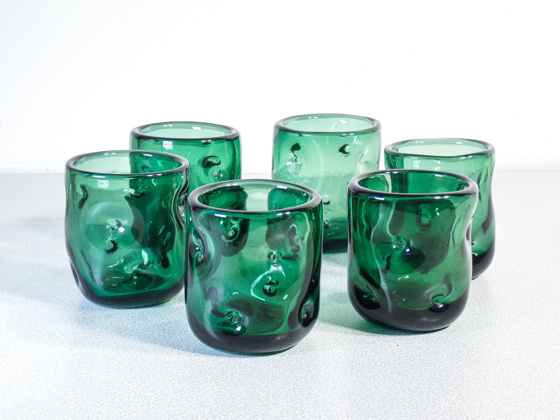 Italian Set of Six Glasses, Handmade in Empoli Green Blown Glass, Tuscany, 1960s