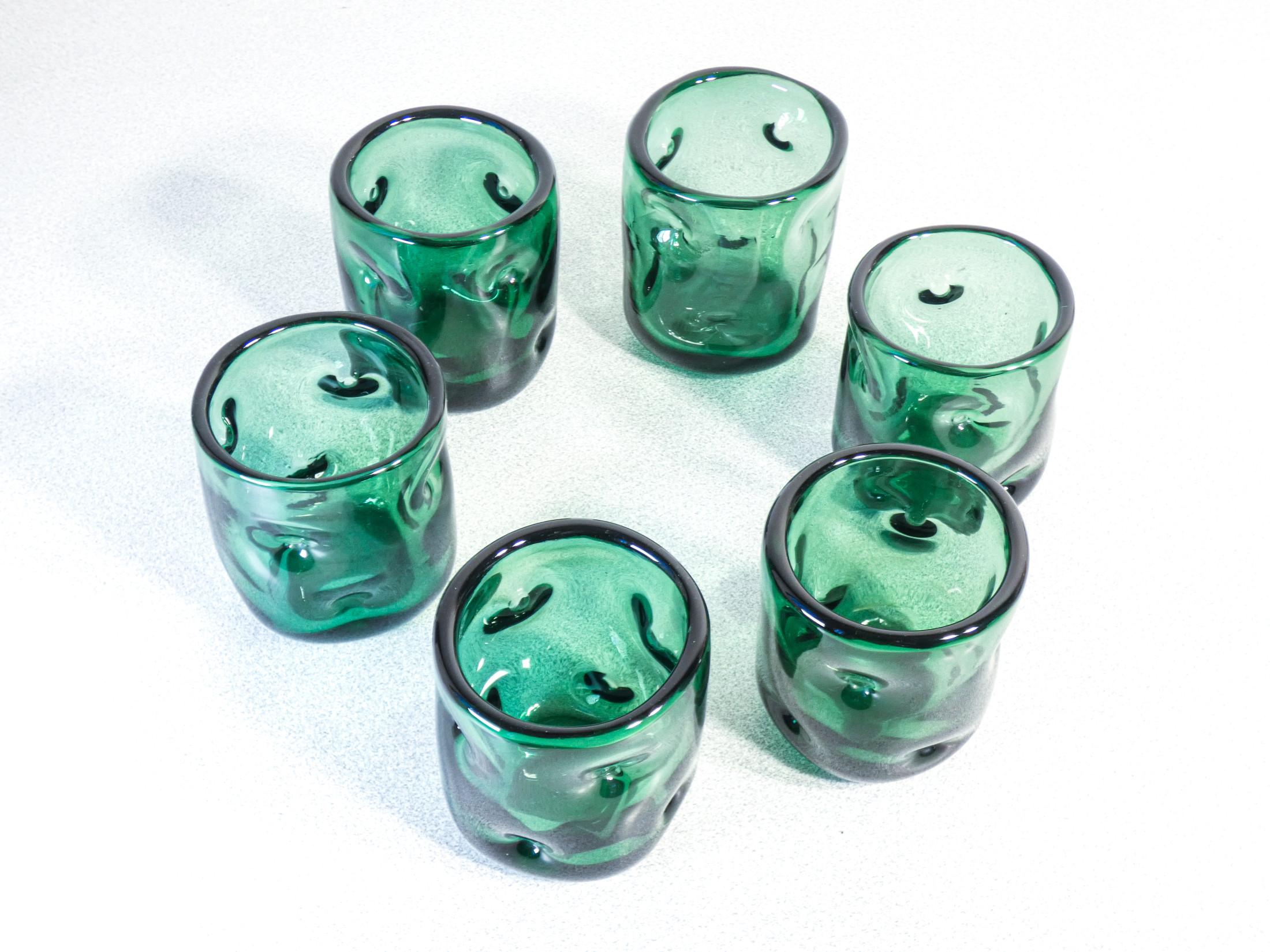 Set of Six Glasses, Handmade in Empoli Green Blown Glass, Tuscany, 1960s In Good Condition In Torino, IT