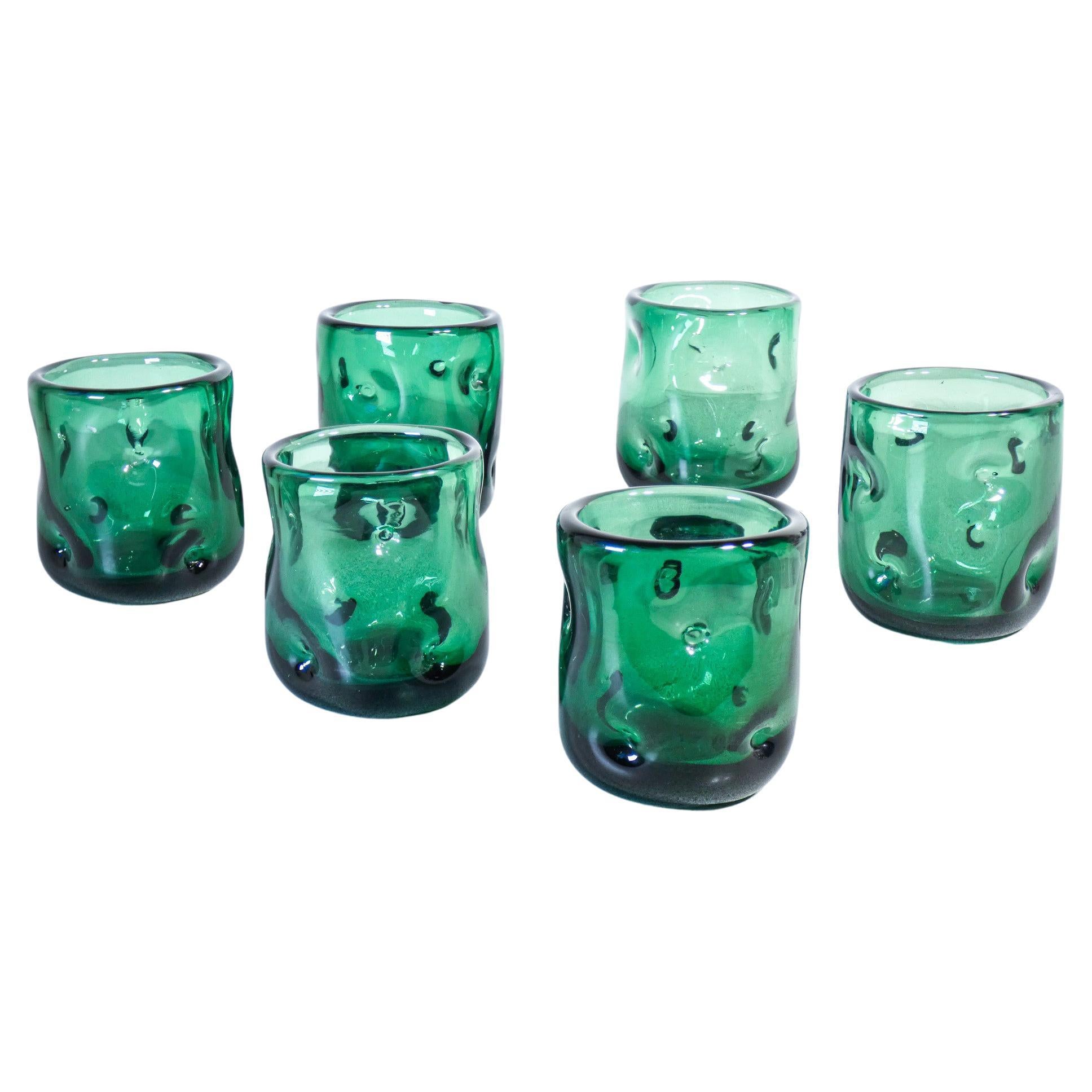 Set of Six Glasses, Handmade in Empoli Green Blown Glass, Tuscany, 1960s