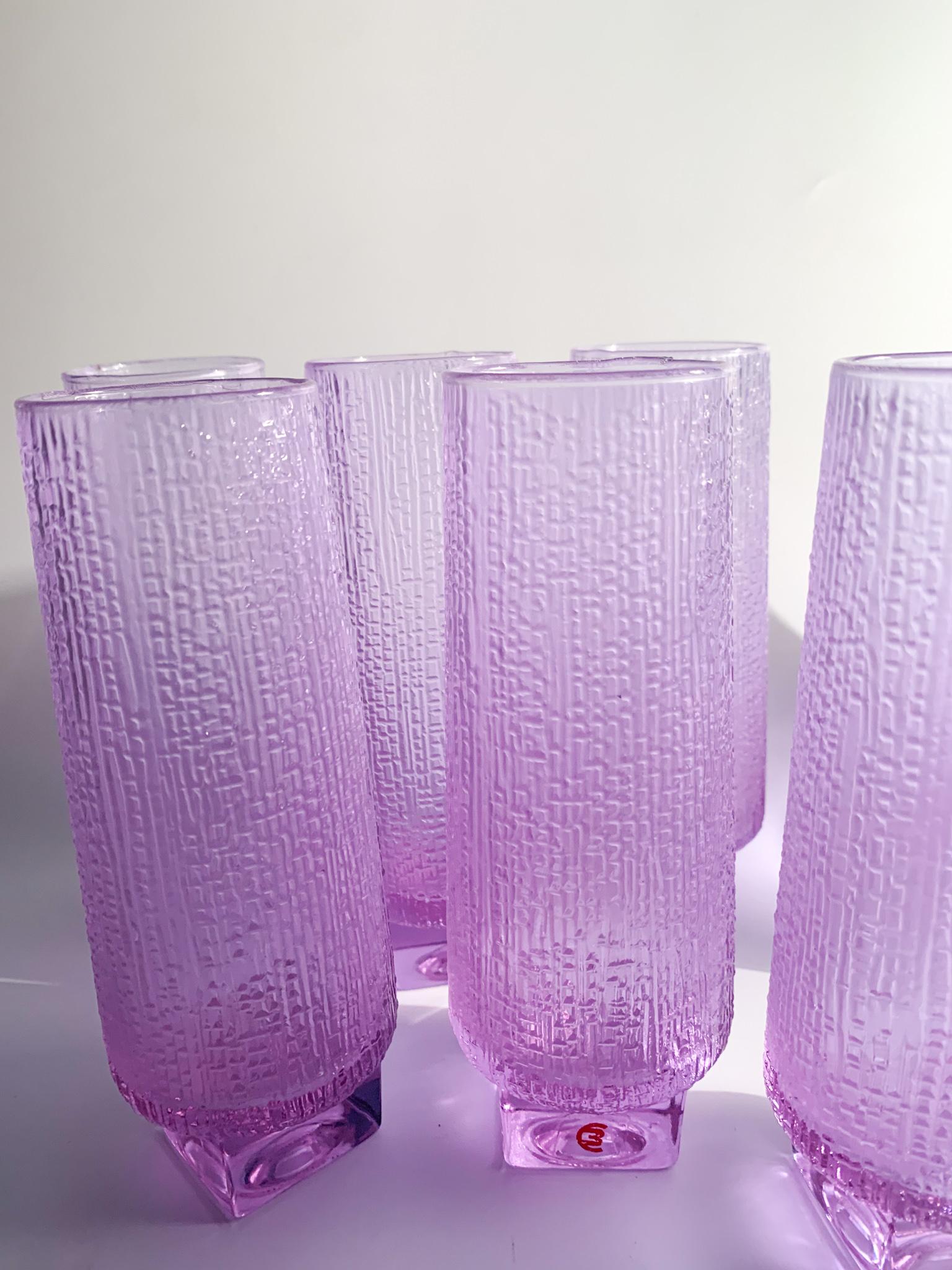 Mid-Century Modern Set of Six Glasses & Ice Bucket in Alexandrite Crystal by Tapio Wirkkala Littala