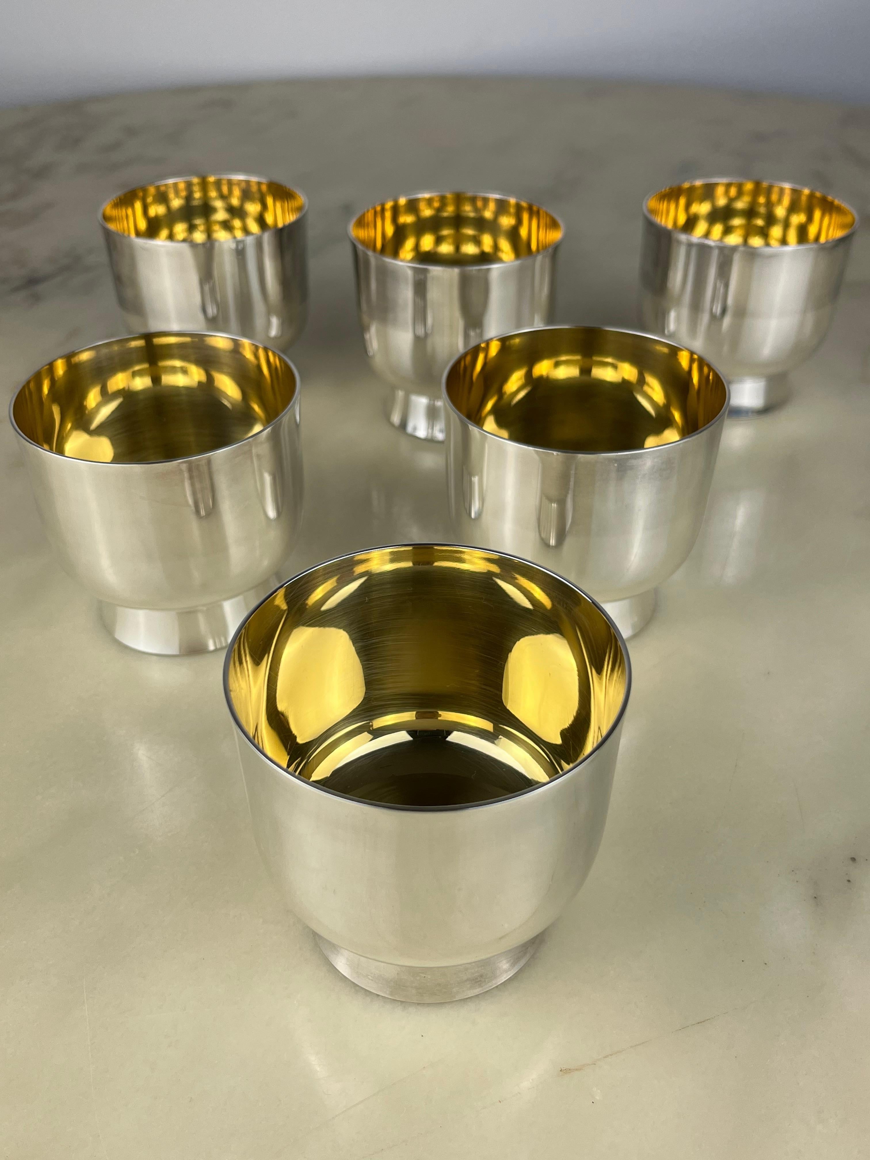 Italian Set of Six Glasses in 800 Silver with Internal Gilding, Italy, 1980s For Sale