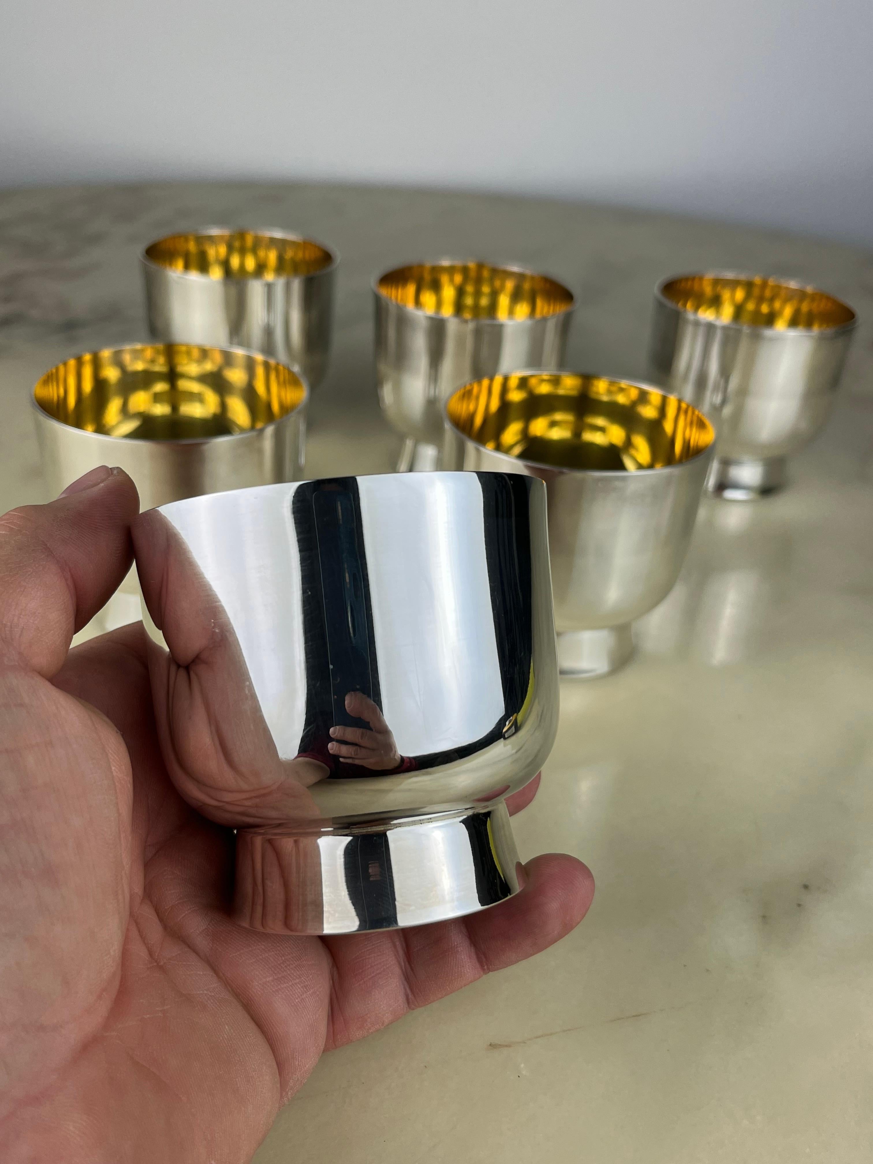 Set von sechs Gläsern aus 800er Silber mit Innenvergoldung, Italien, 1980er Jahre (Sonstiges) im Angebot