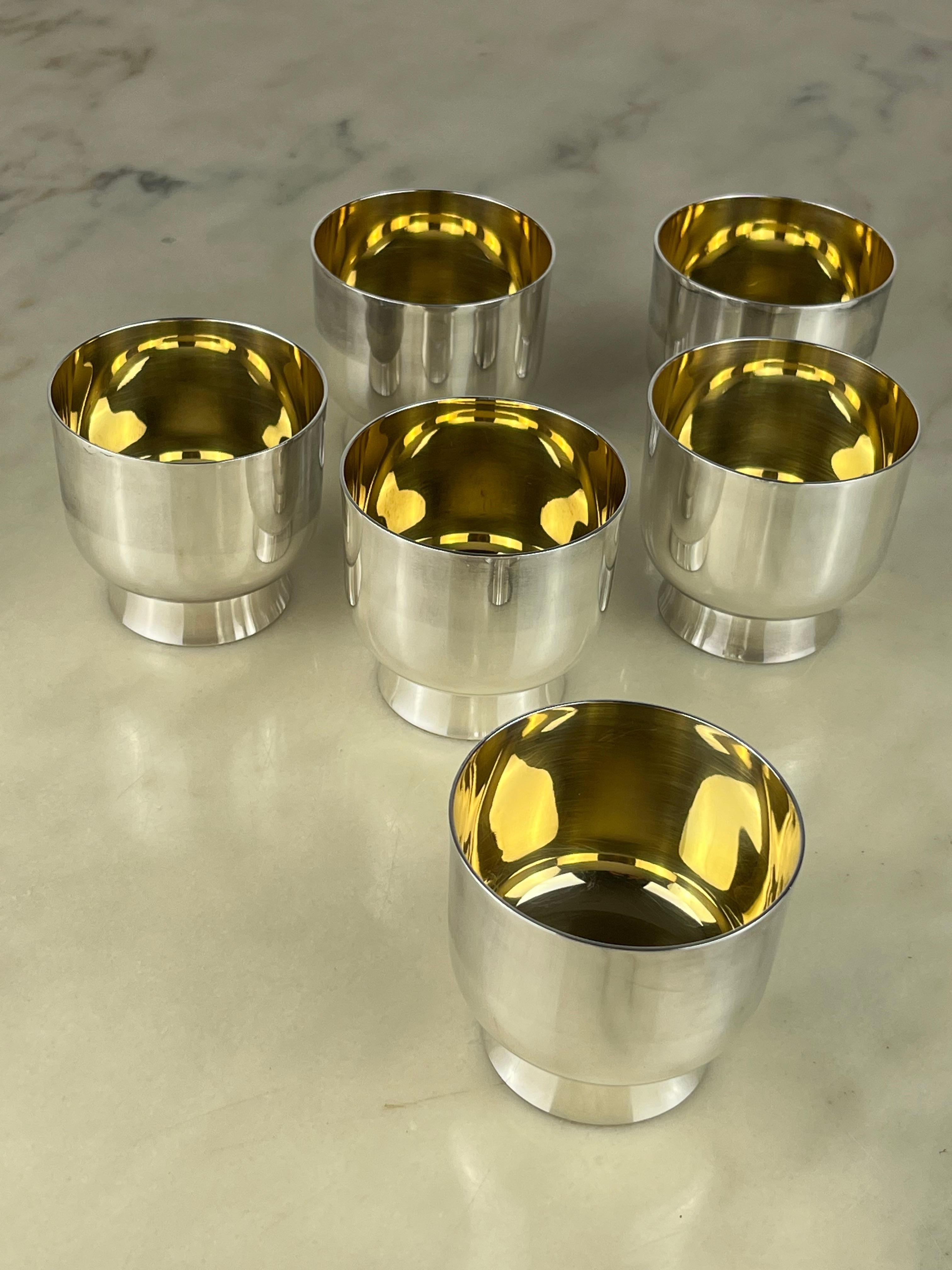 Set of Six Glasses in 800 Silver with Internal Gilding, Italy, 1980s For Sale 1