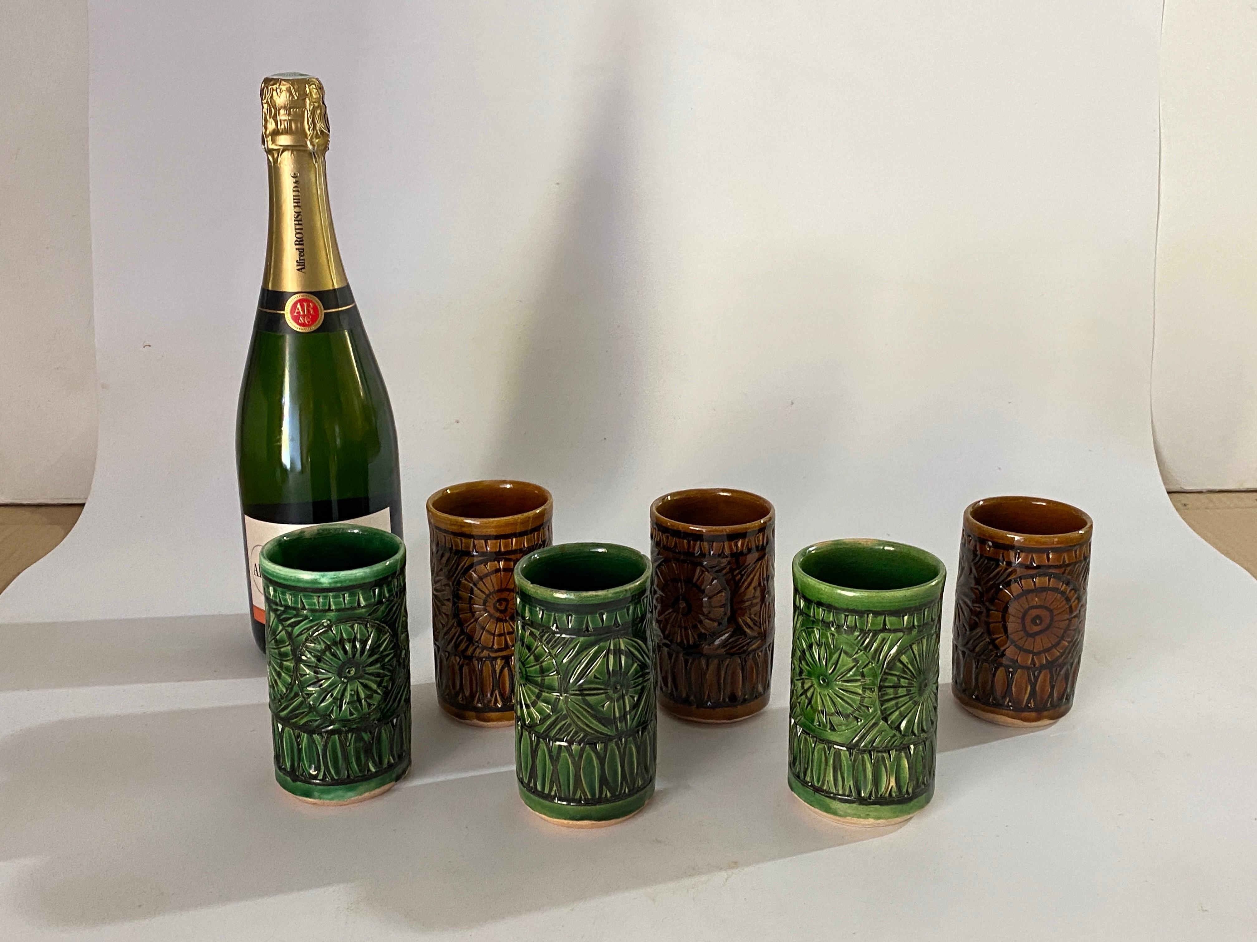 Set of Six Glasses in Ceramic Brown and Green Color France 1970 For Sale 3