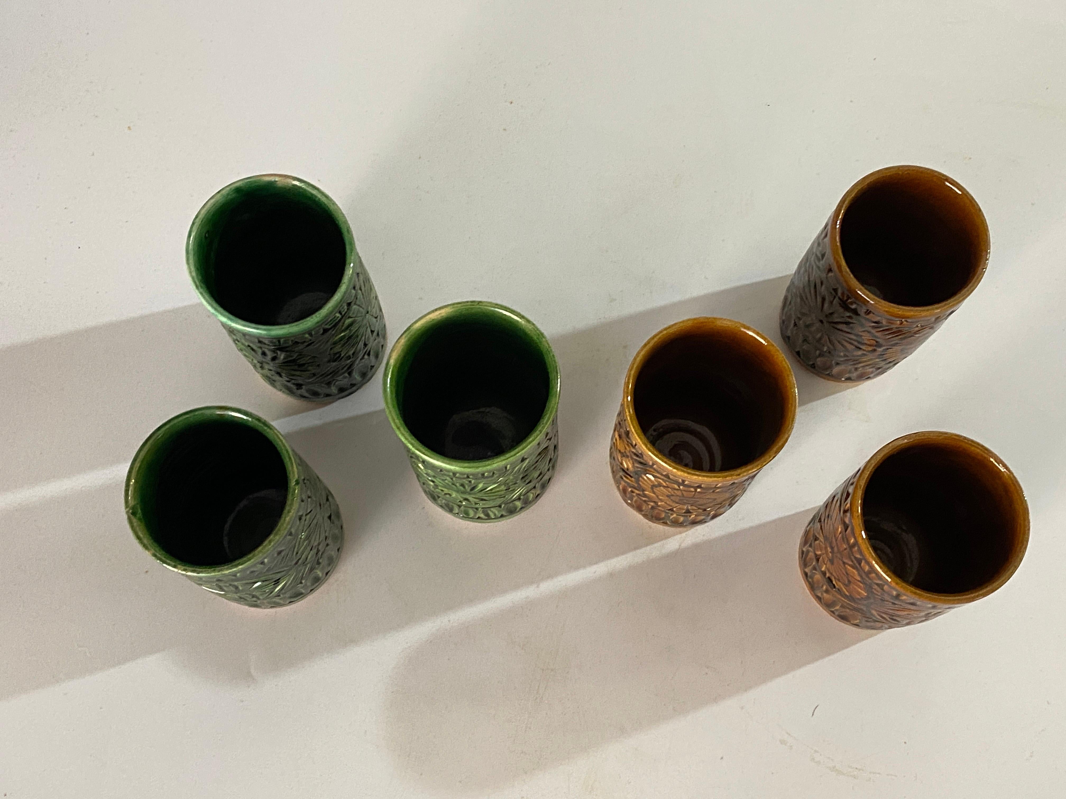 French Set of Six Glasses in Ceramic Brown and Green Color France 1970 For Sale