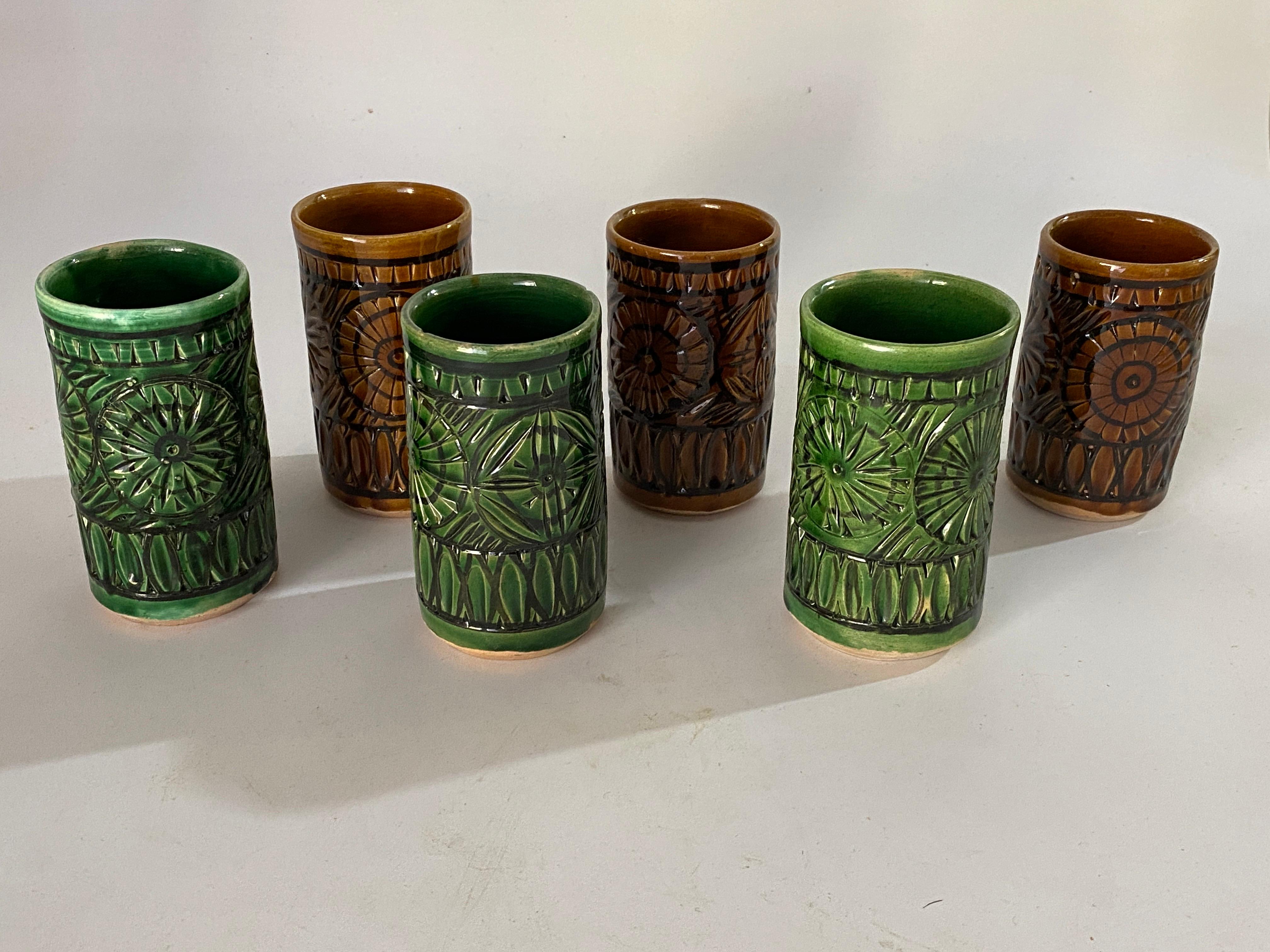 Set of Six Glasses in Ceramic Brown and Green Color France 1970 For Sale 1