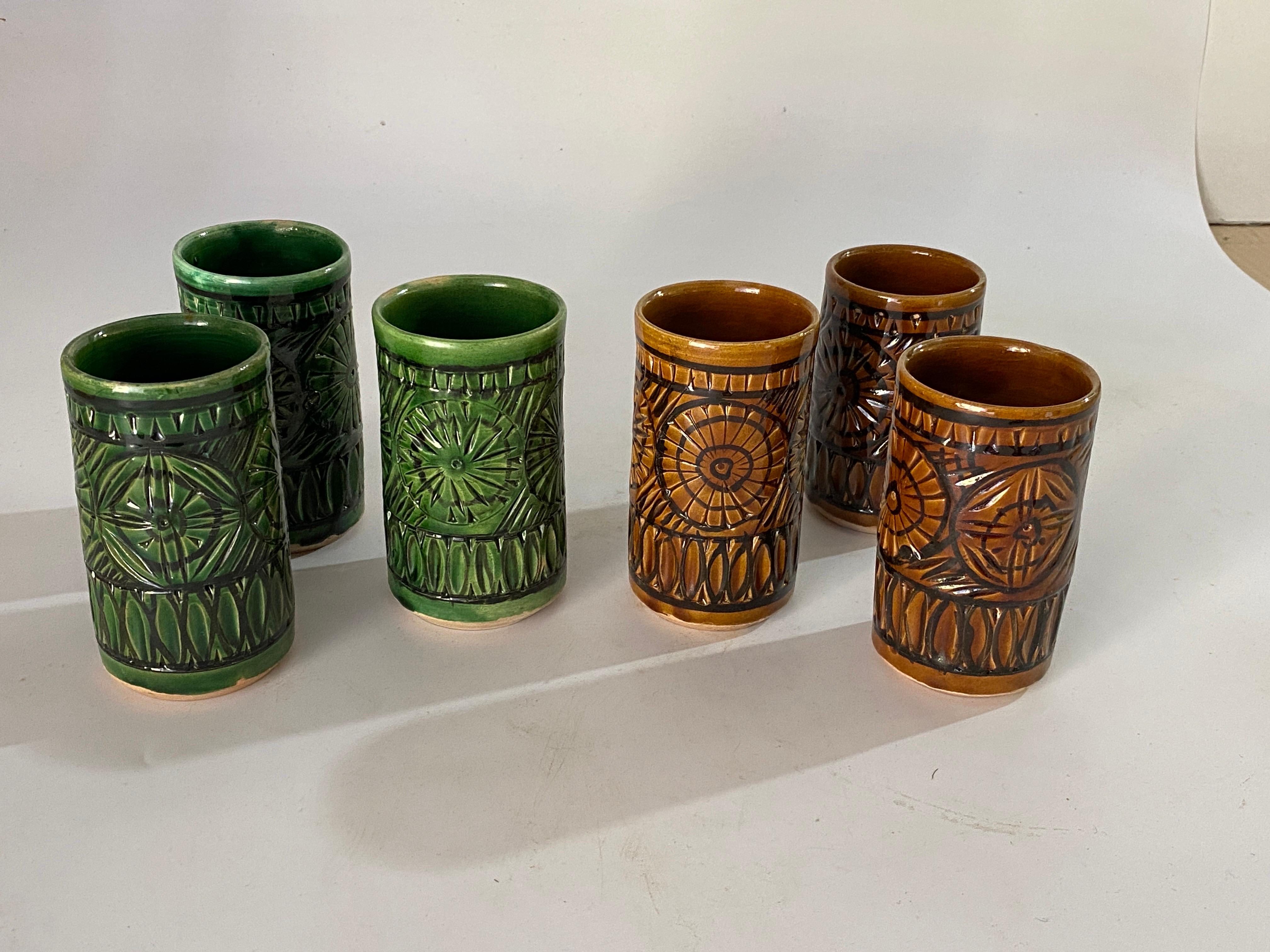 Set of Six Glasses in Ceramic Brown and Green Color France 1970 For Sale 2
