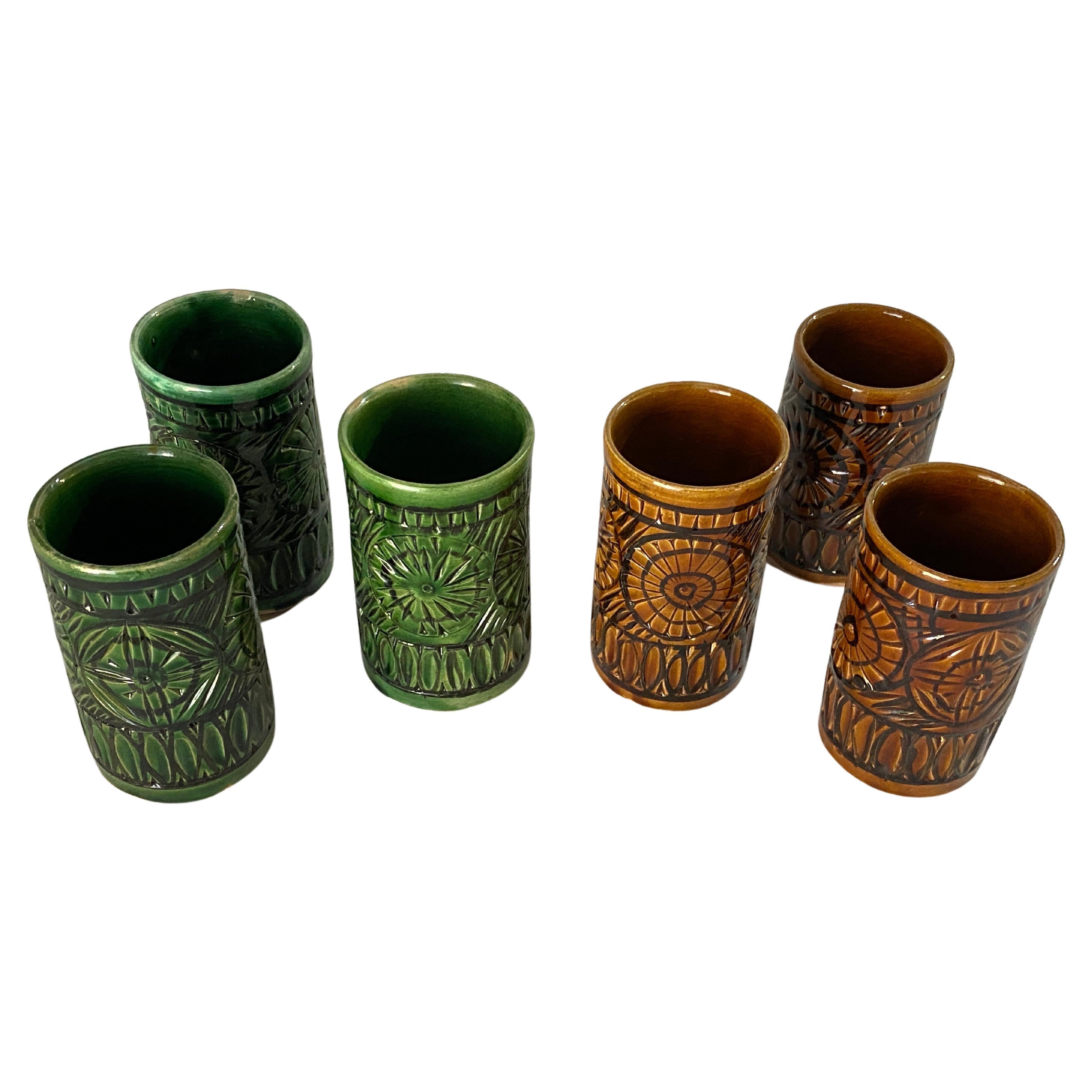 Set of Six Glasses in Ceramic Brown and Green Color France 1970 For Sale