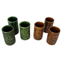 Set of Six Glasses in Ceramic Brown and Green Color France 1970