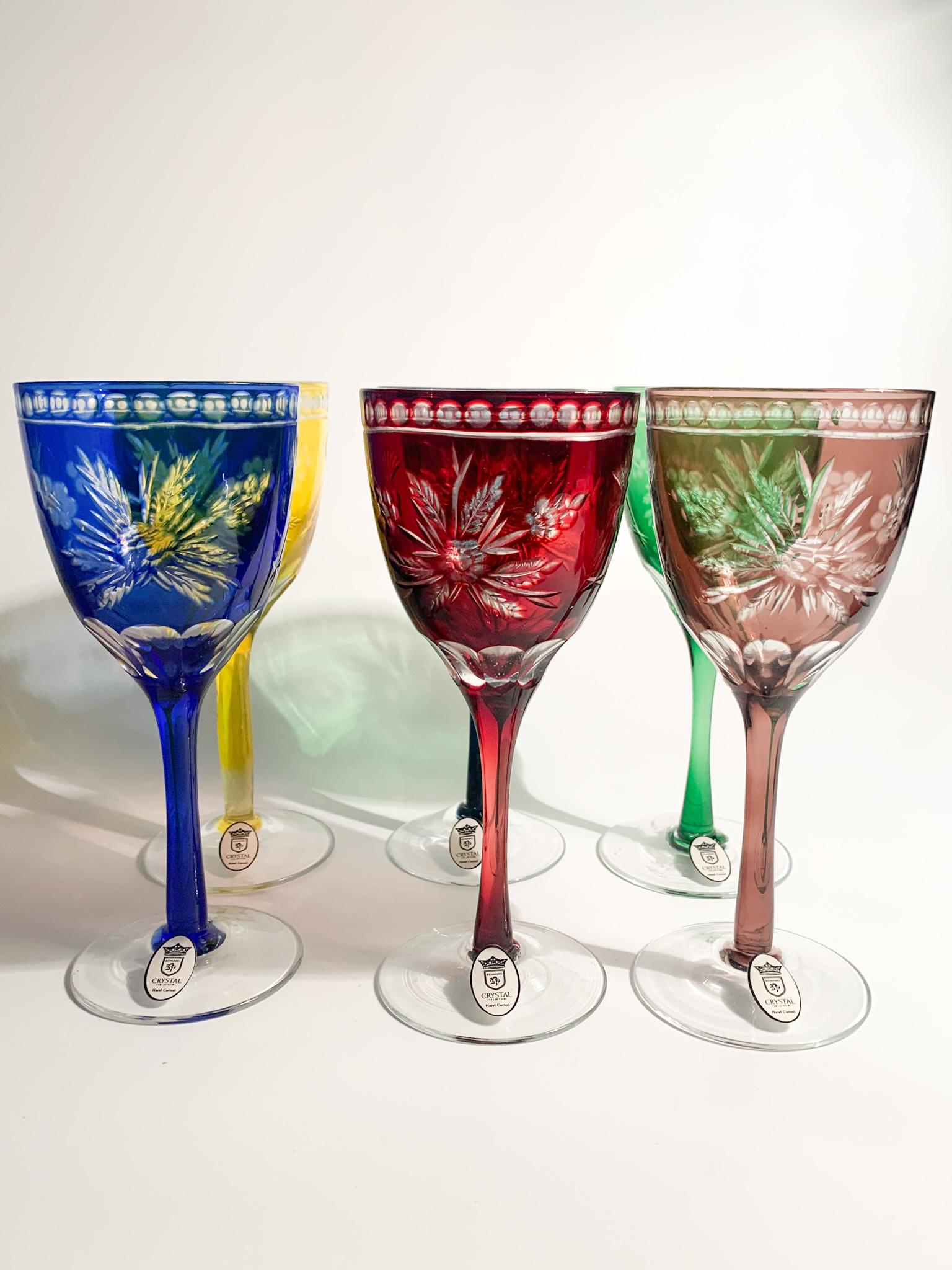 Set of 6 multicolored goblets made in handcrafted Bohemian crystal in the 1950s

Ø cm 7 h cm 16

The glasses are hand-made, and in really good conditions, probably the had never been used.