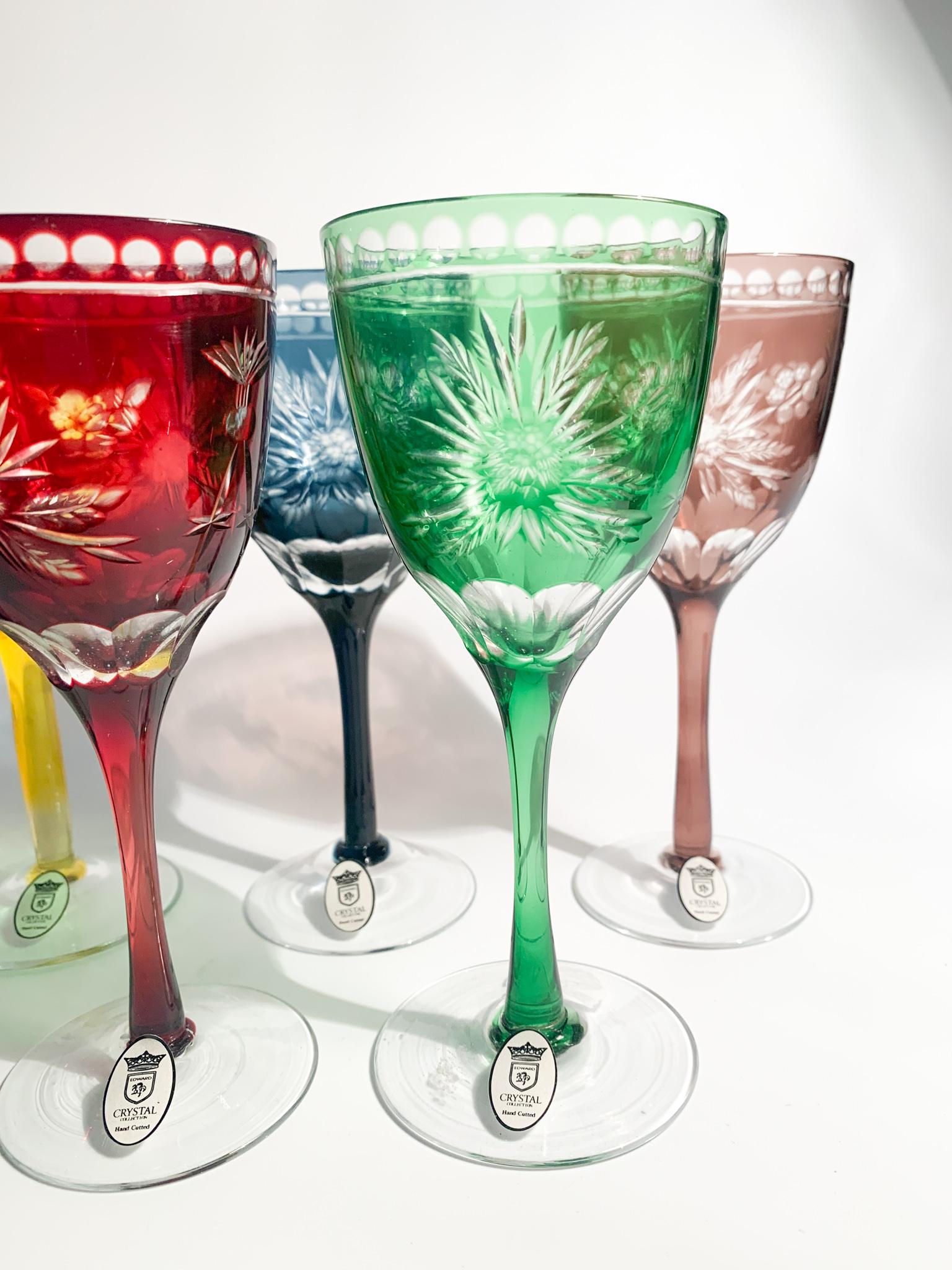 Mid-Century Modern Set of Six Glasses in Multicolored Bohemian Crystal from the 1950s