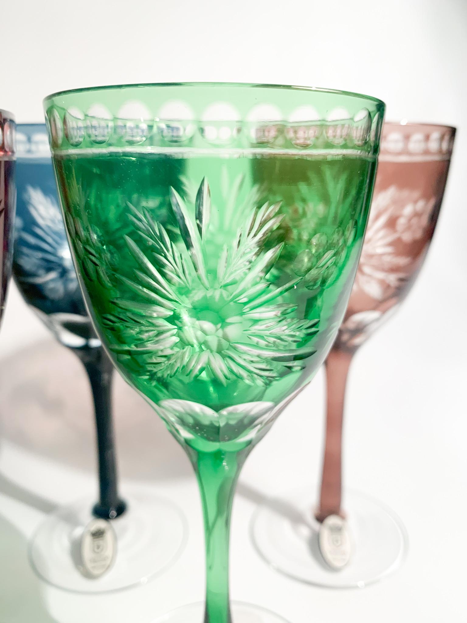 Czech Set of Six Glasses in Multicolored Bohemian Crystal from the 1950s
