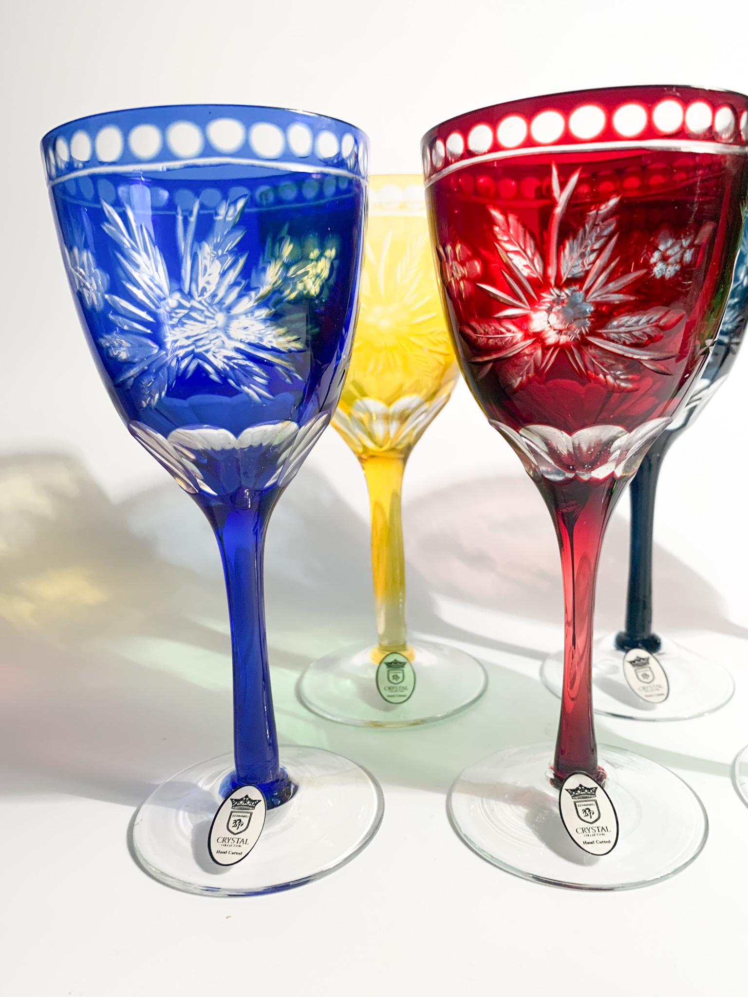 Mid-20th Century Set of Six Glasses in Multicolored Bohemian Crystal from the 1950s