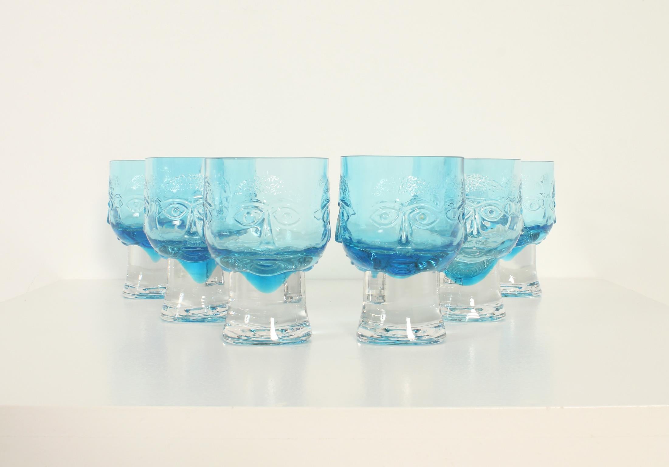 Mid-Century Modern Set of Six Glasses with Engraved Faces, Spain, 1960's For Sale