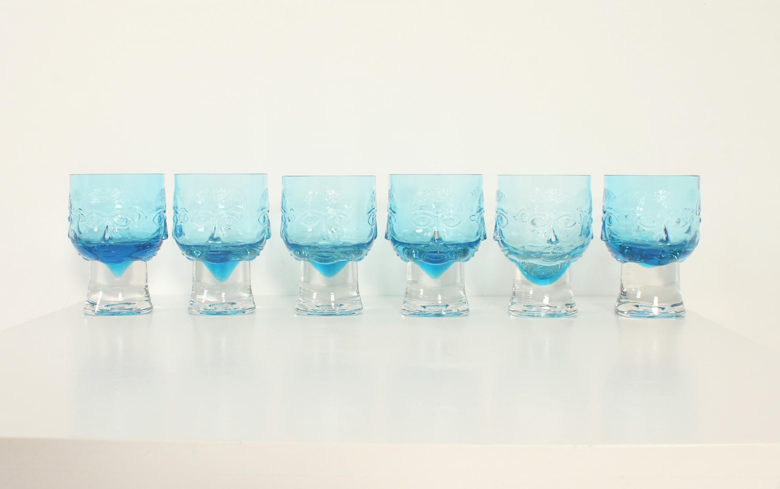 Spanish Set of Six Glasses with Engraved Faces, Spain, 1960's For Sale