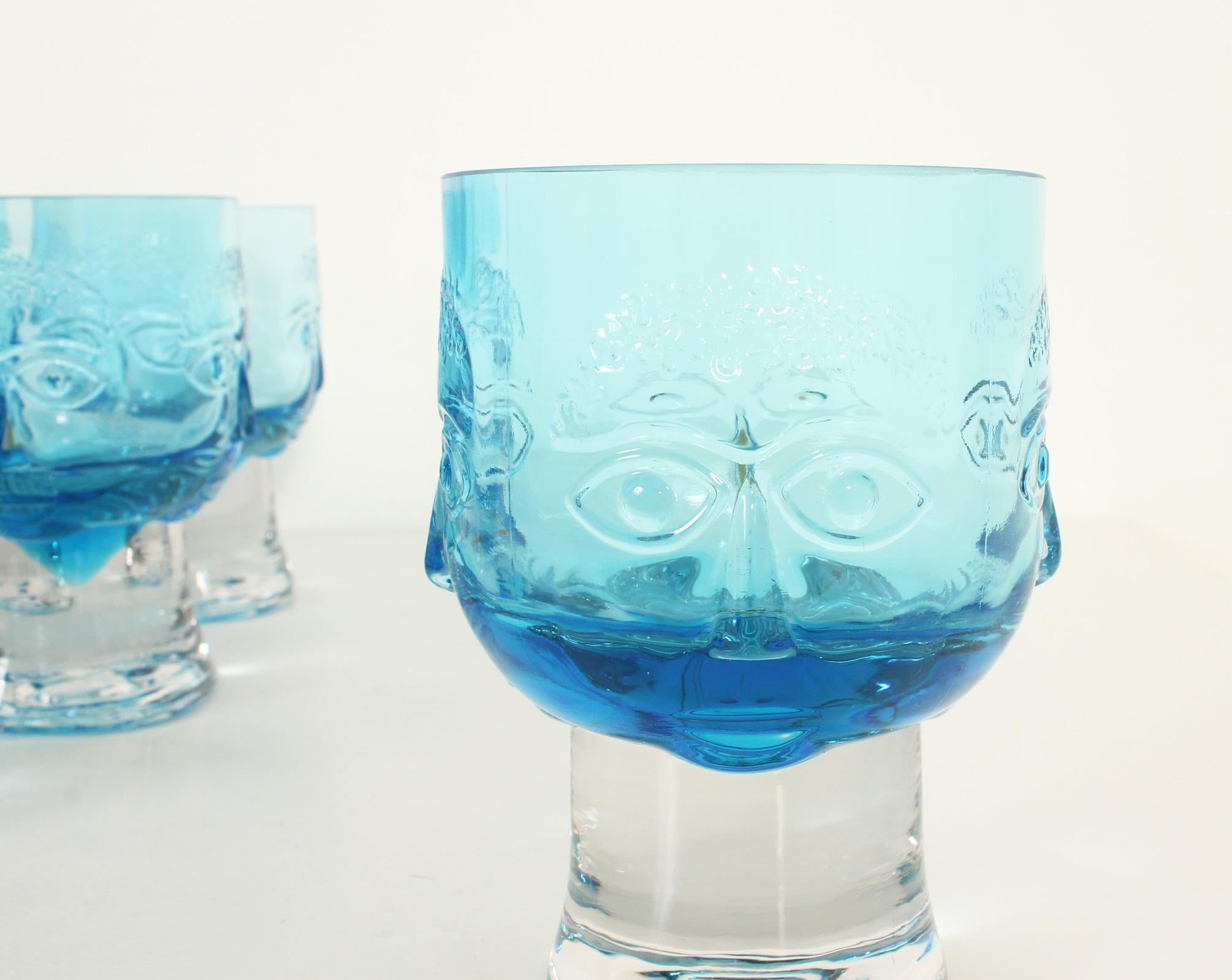 Set of Six Glasses with Engraved Faces, Spain, 1960's In Good Condition For Sale In Barcelona, ES