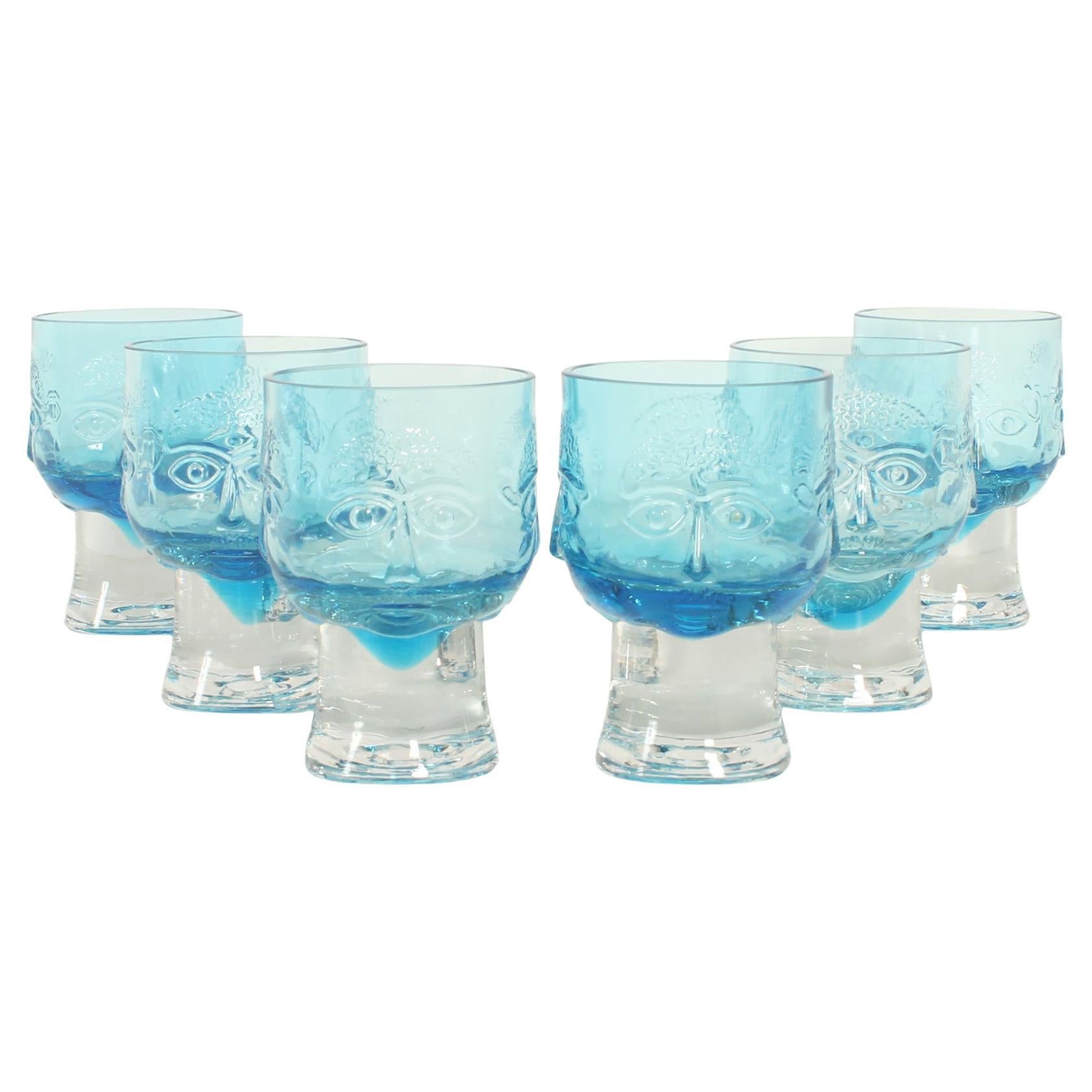 Set of Six Glasses with Engraved Faces, Spain, 1960's For Sale