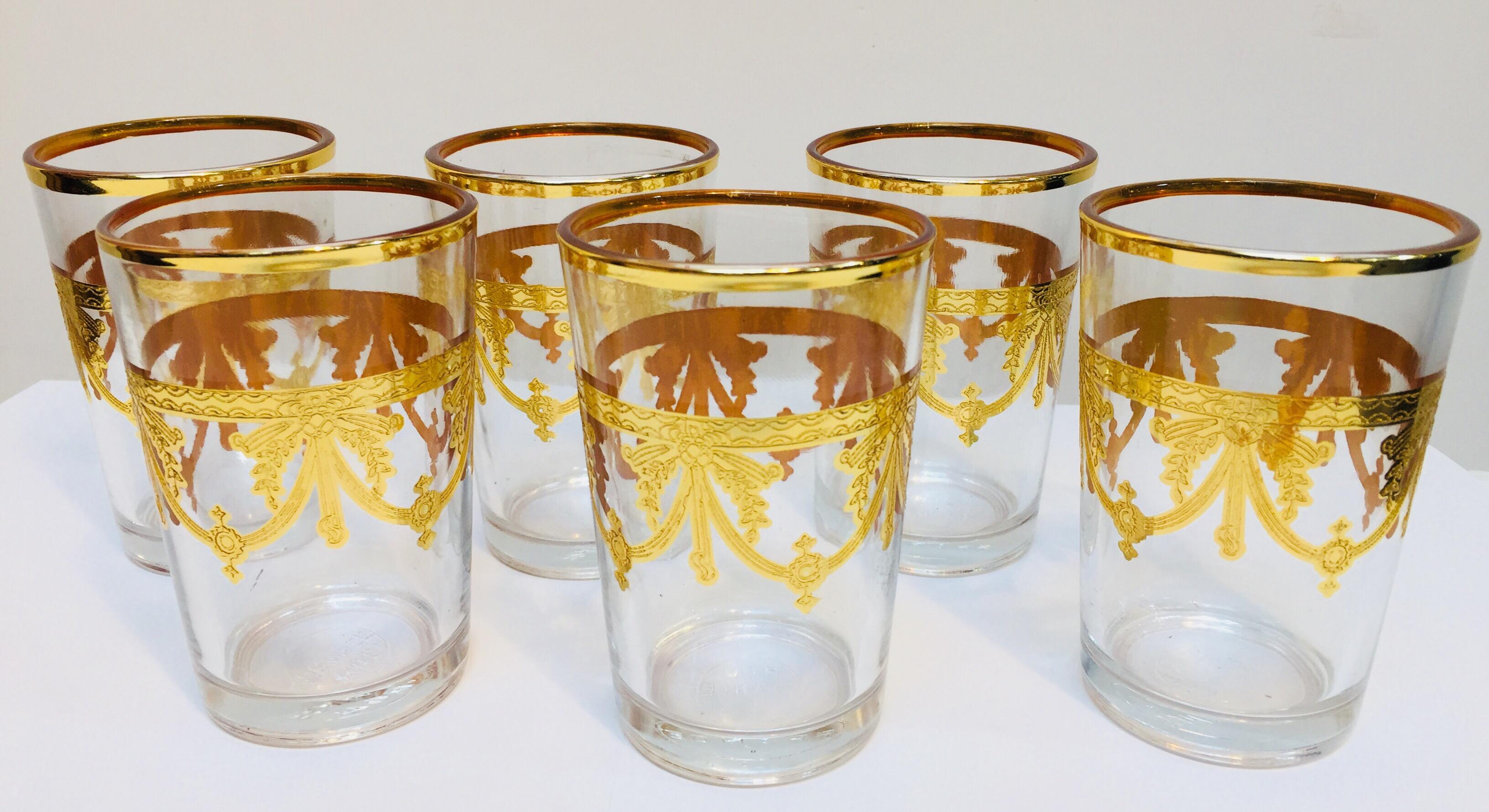 French Set of Six Moorish Glasses with Gold Raised Overlay Design
