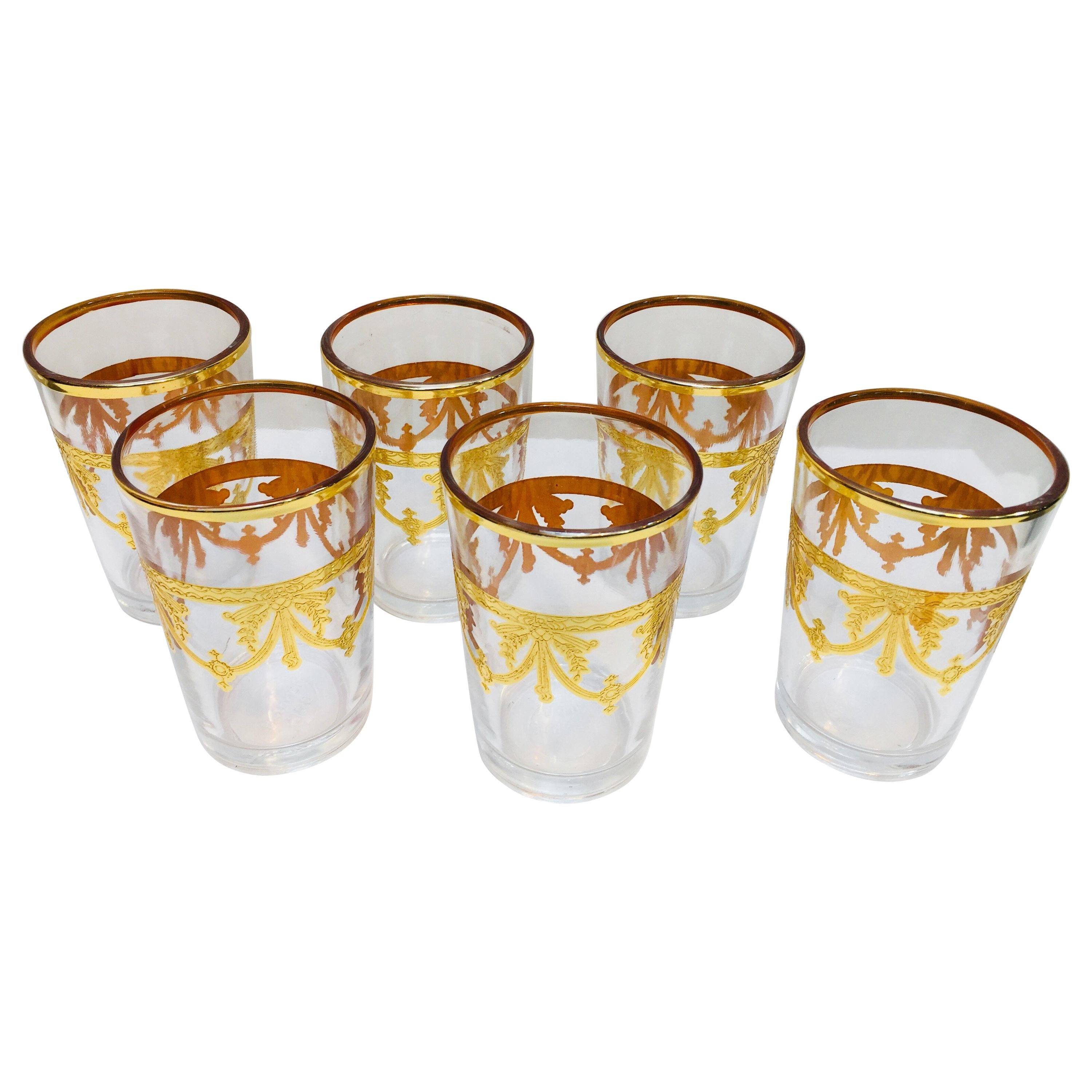 Set of Six Moorish Glasses with Gold Raised Overlay Design