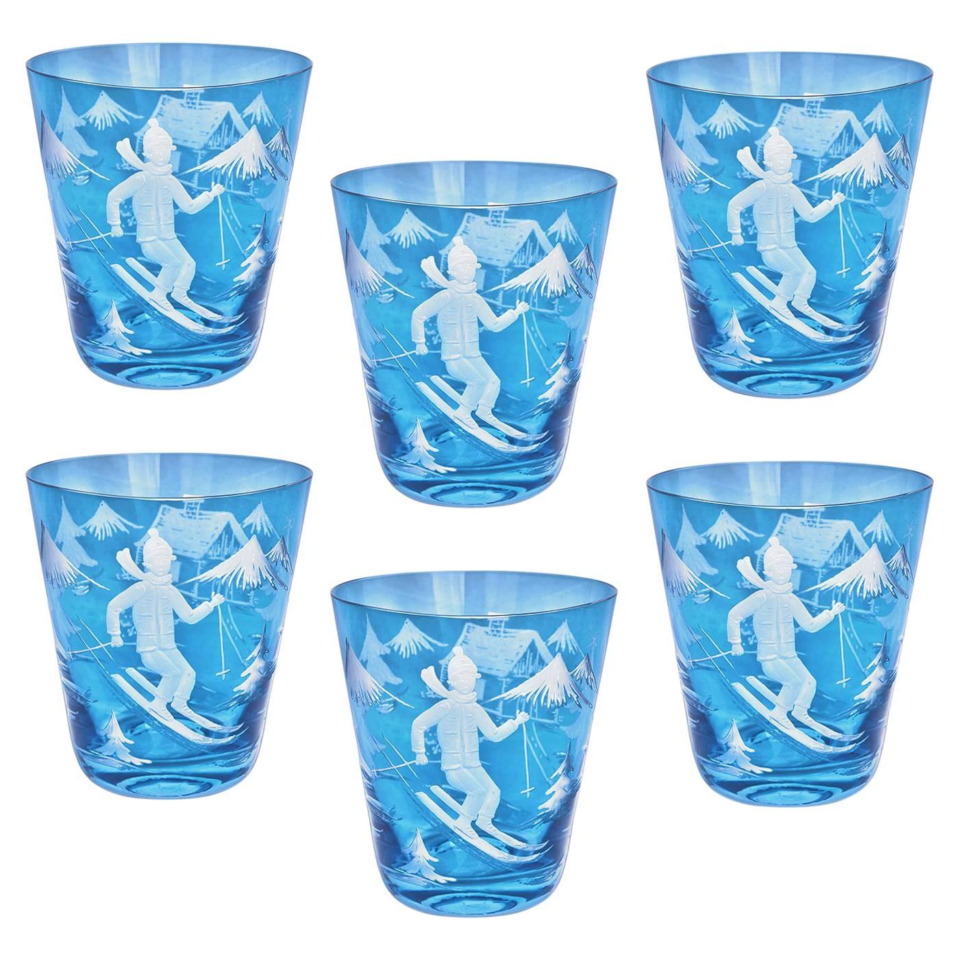 Country Style Set of Six Glass Tumbler Blue Skier Sofina Boutique Kitzbuehel For Sale