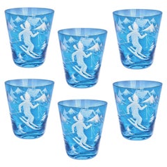 Set of Six GlassTumbler Blue Crystal with Skier Decor Sofina Boutique Kitzbuehel