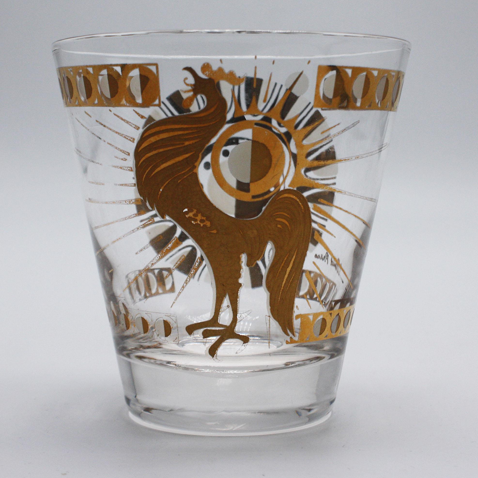 French Set of Six Gold Rooster and Sunburst Glasses by Fred Press, circa 1960