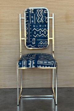 Set of Six Golden Dining Room Chairs in Brass with Geometrical Fabric