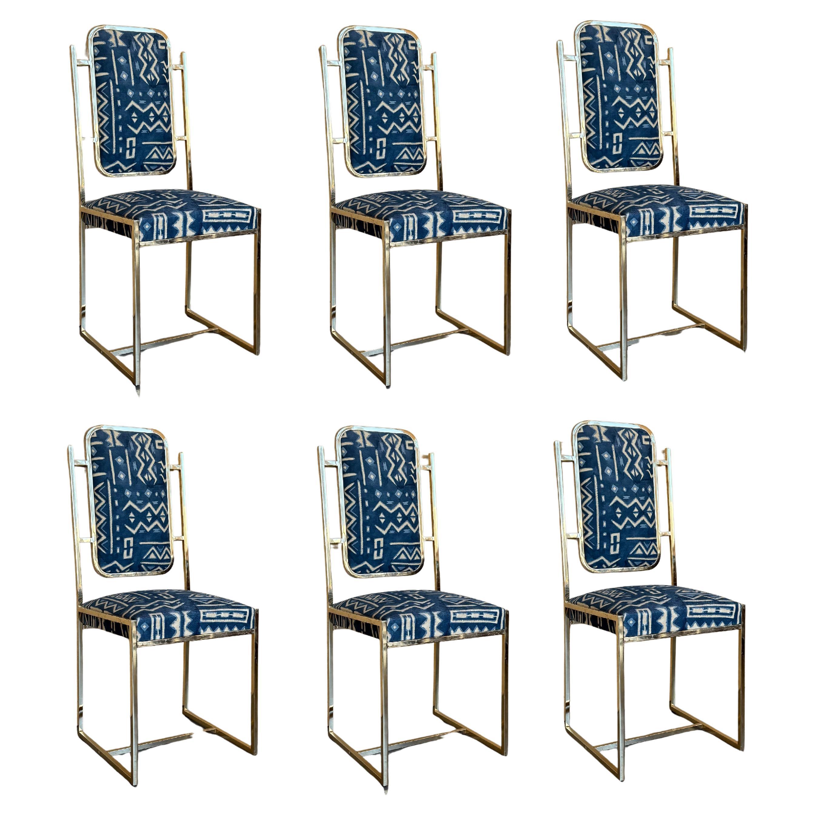Set of Six Golden Dining Room Chairs in Brass with Geometrical Fabric