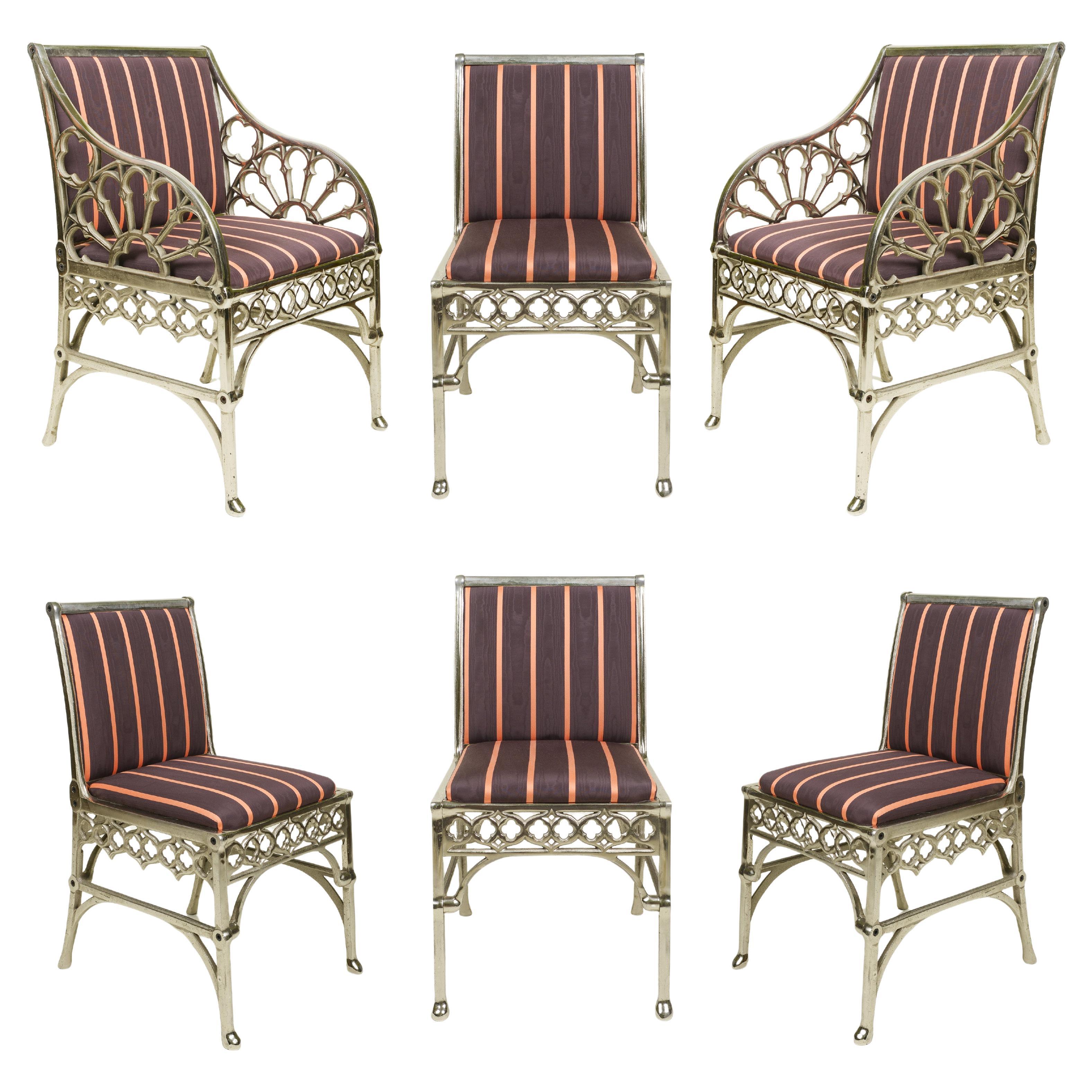Set of Six Gothic Polished Nickel and Upholstered Chairs