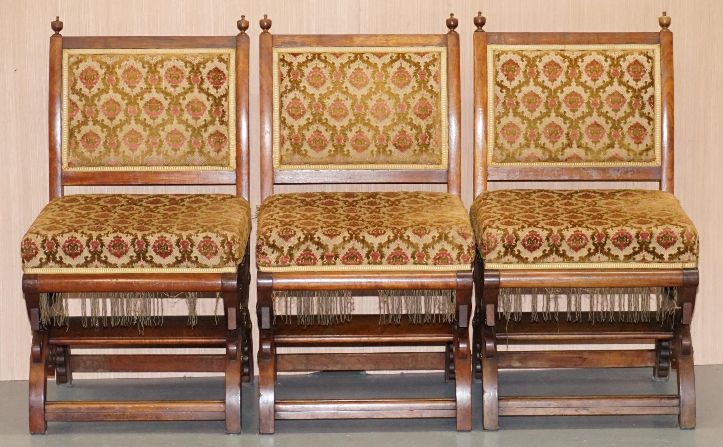 We are delighted to offer for sale this stunning set of six beautifully carved from solid Walnut with Gold Gilt metal fittings Gothic Revival chairs

A very good looking, comfortable and highly decorative set of chairs, these date to late