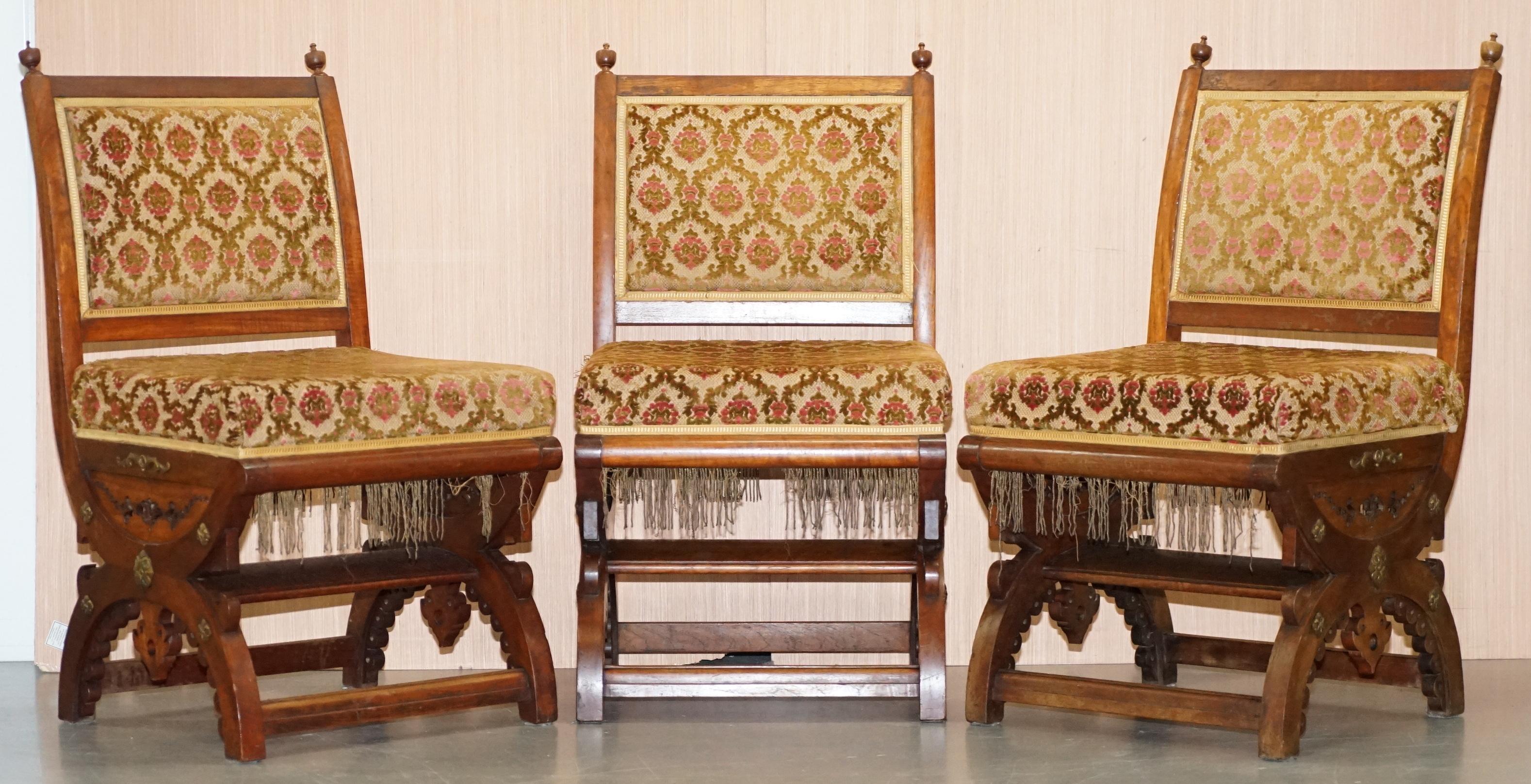 English Set of Six Gothic Revival Ornately Carved Walnut Gilt Metal Chairs after Pugin For Sale