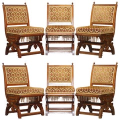 Set of Six Gothic Revival Ornately Carved Walnut Gilt Metal Chairs after Pugin