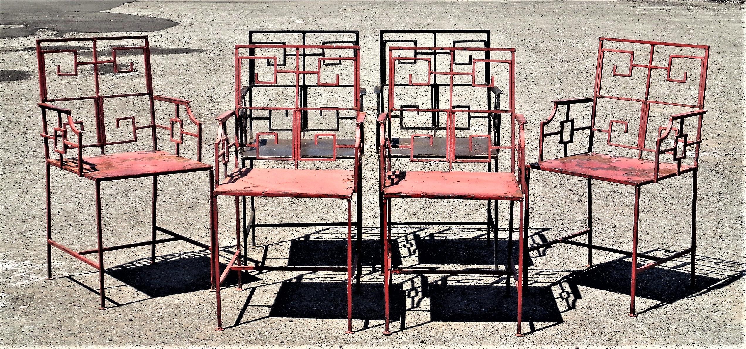  Set aus sechs schmiedeeisernen Sesseln im griechischen Schlüsseldesign, 1940er Jahre im Angebot 9