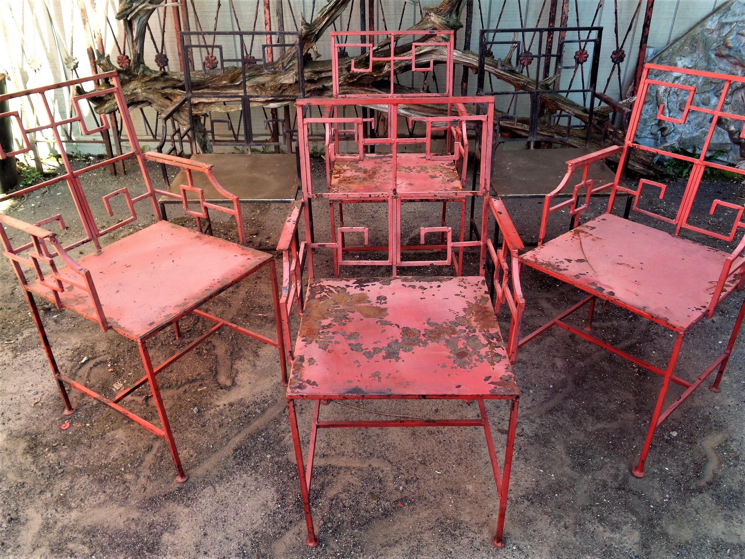 Mexican  Set of Six Greek Key Design Wrought Iron Armchairs, 1940's For Sale